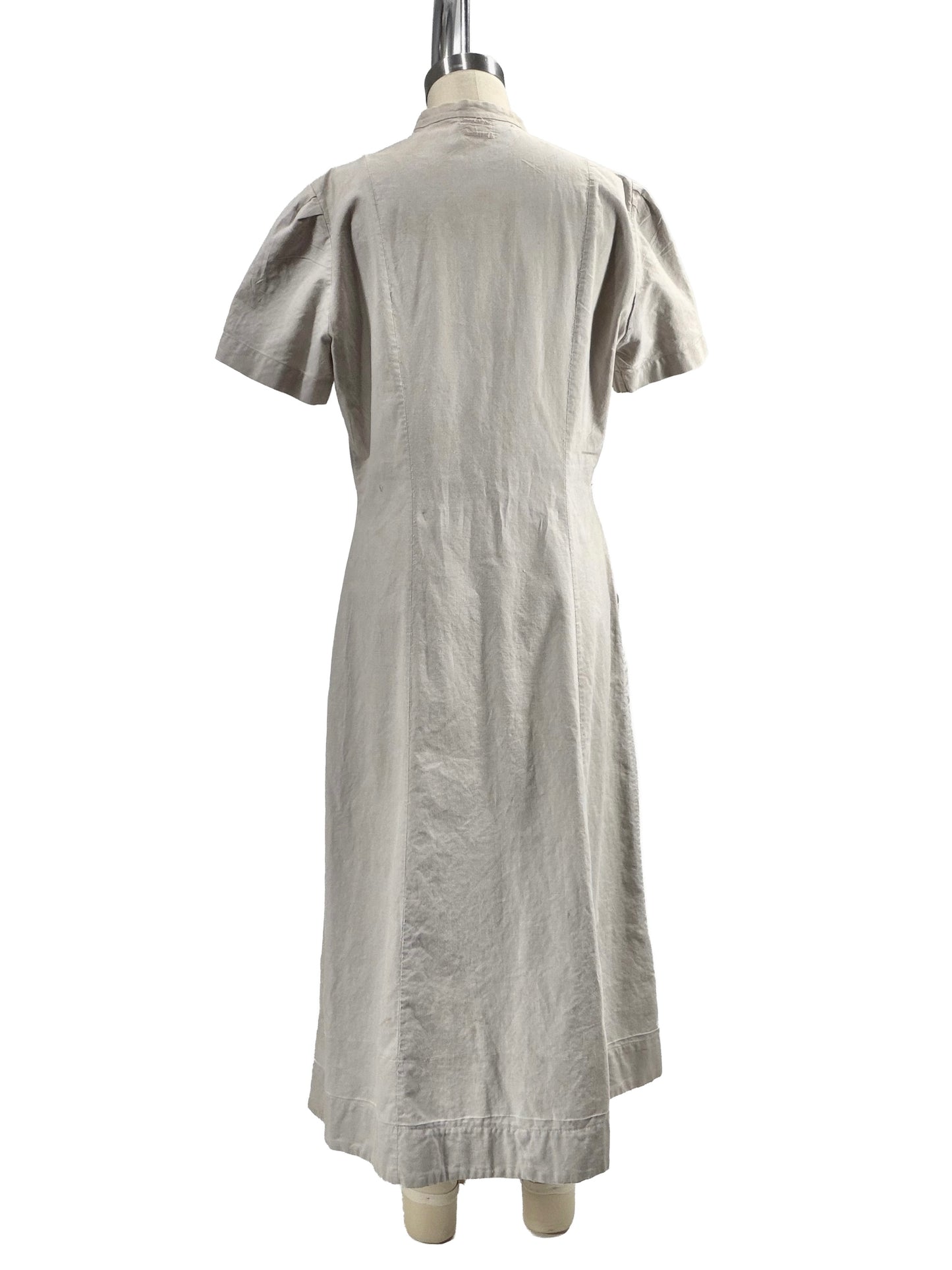 1930s Gray Distressed Cotton Uniform Smock Dress