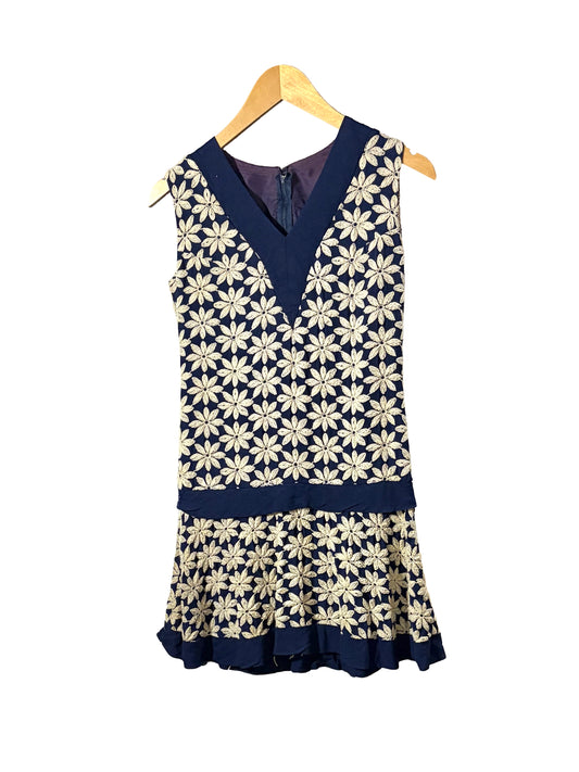 1960s Navy White Floral Embroidered Dropwaist Dress