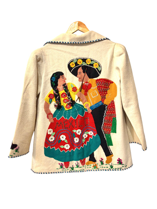 Midcentury Cream Wool Felt Mexican Folk Art Appliqué Souvenir Jacket
