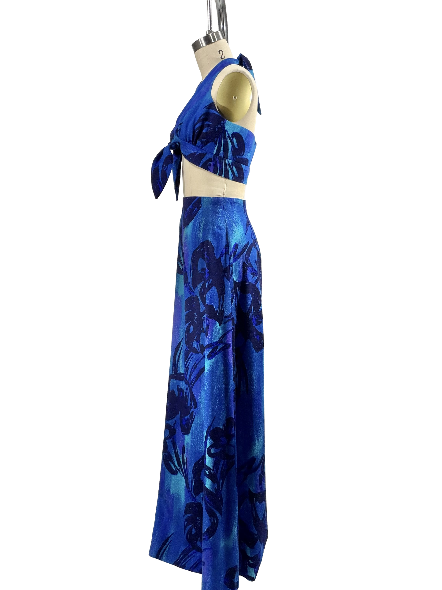 1970s Blue Purple Hawaiian Barkcloth Maxi Skirt Halter Top Set