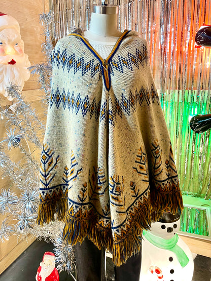 1970s Orange-Blue Fringe Hooded Cape