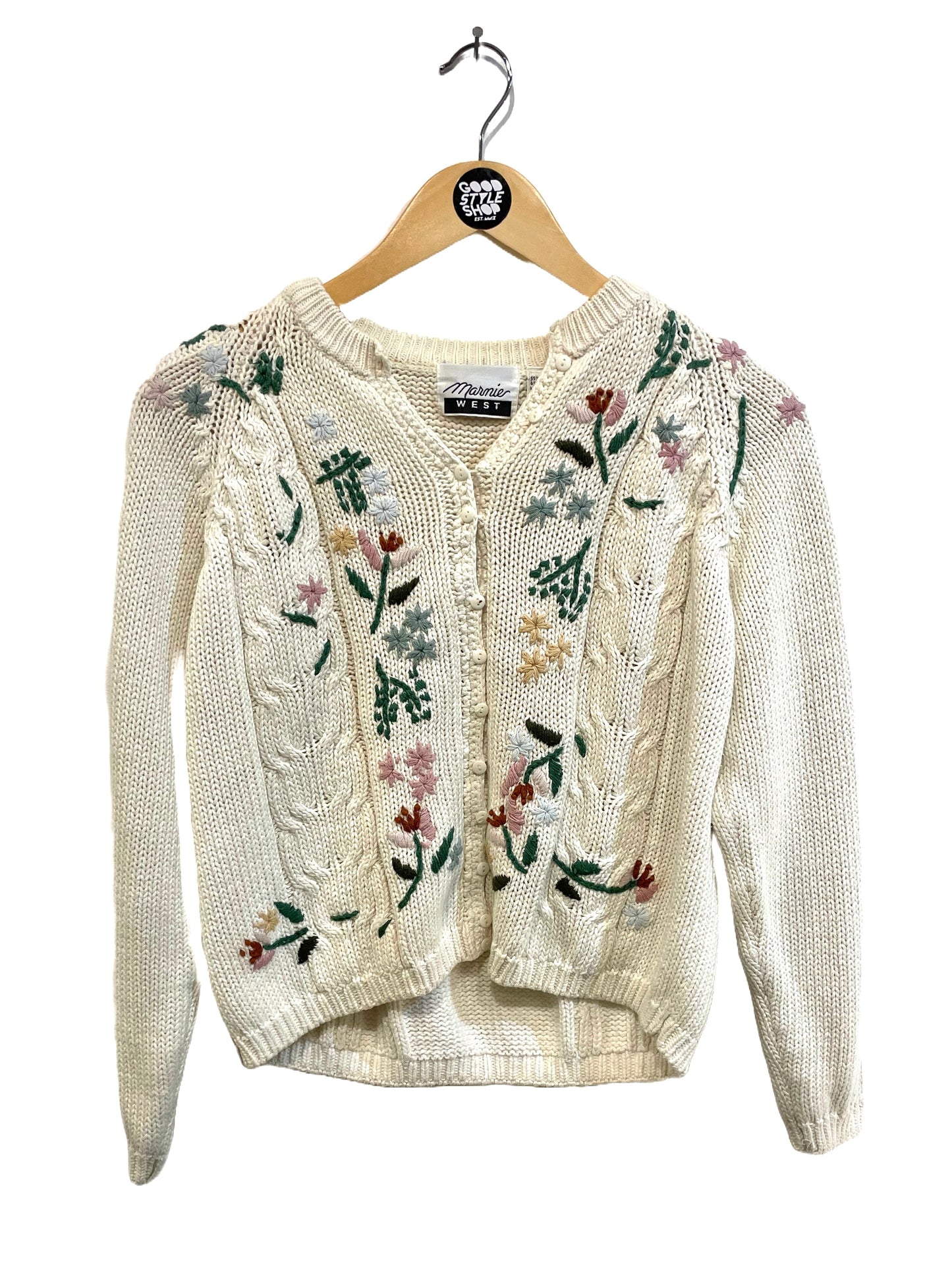 1980s White Ramie-Cotton Embroidered Cable Crop Cardi