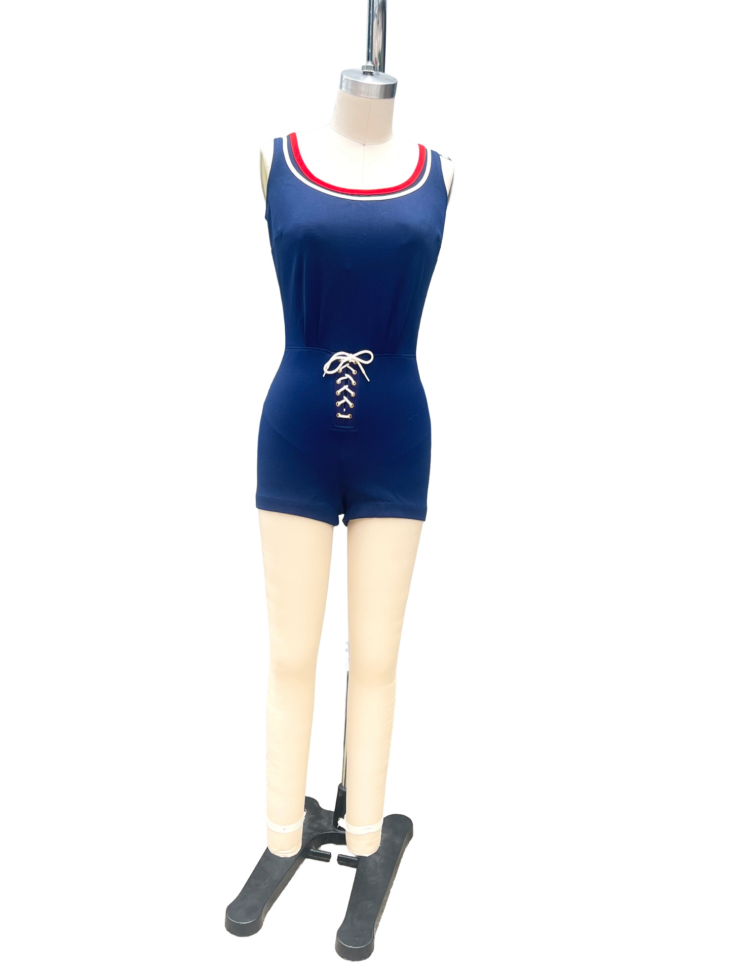 1960s Navy Red White Blue Catalina Lace-Front Structured Swimsuit