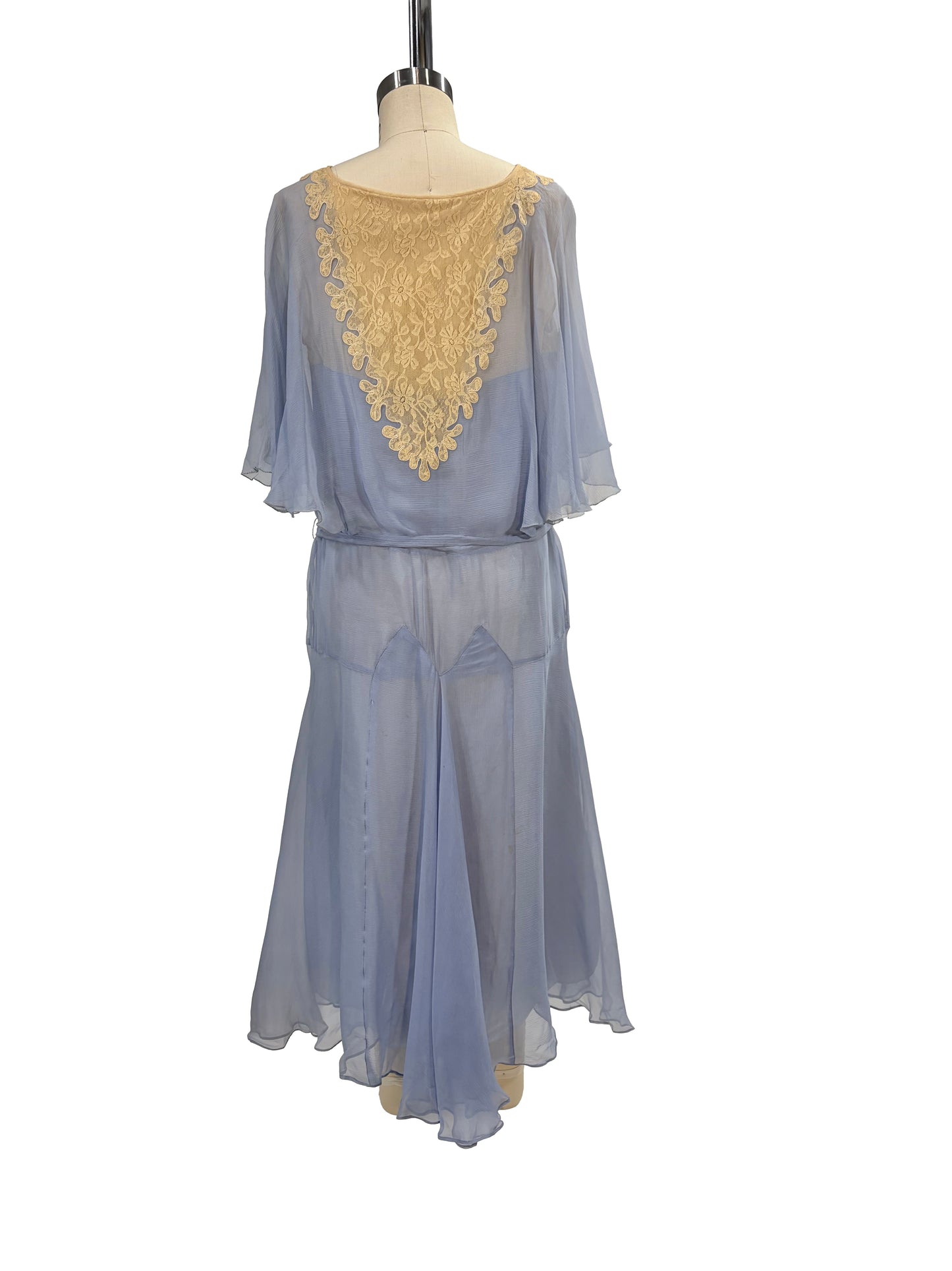1930s Pale Blue Silk Chiffon Lace Deco Rhinestone Belt Formal Dress