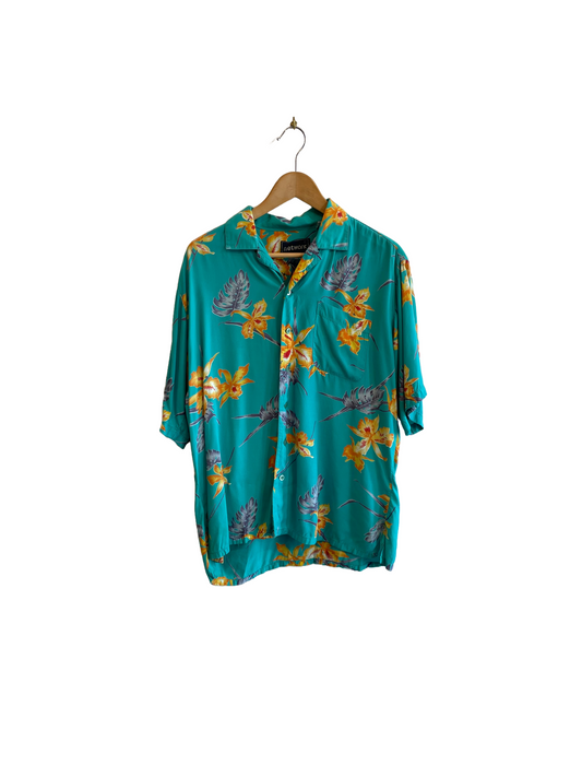 1980s Rayon Teal Floral Shirt