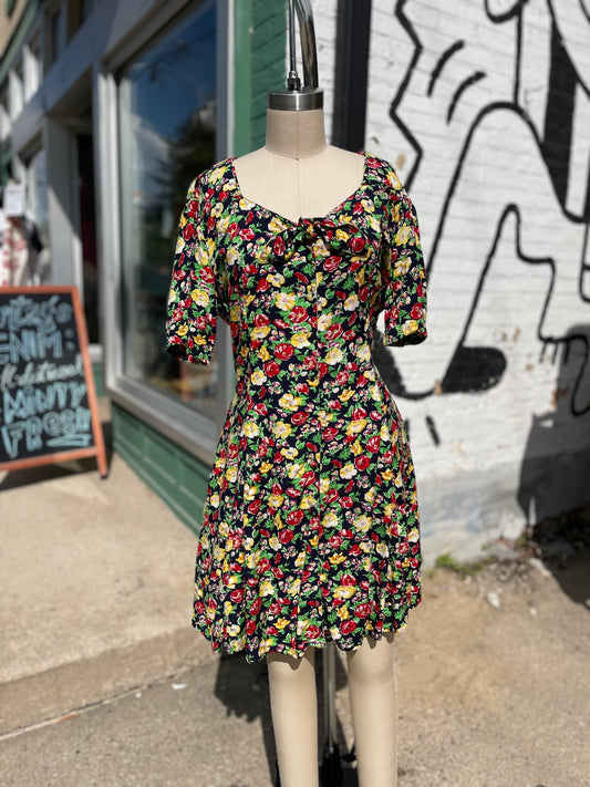 1990s Primary Colors Floral Rayon Tie-Back Dress