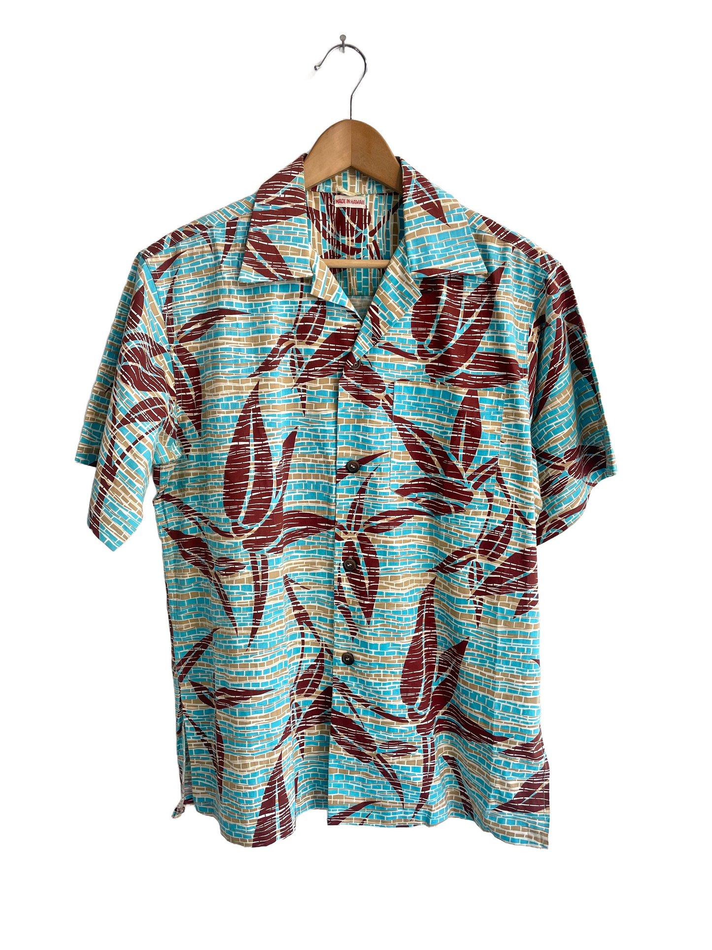 1970s Hawaiian Teal Tan Tones Print Cotton Cabana Shirt