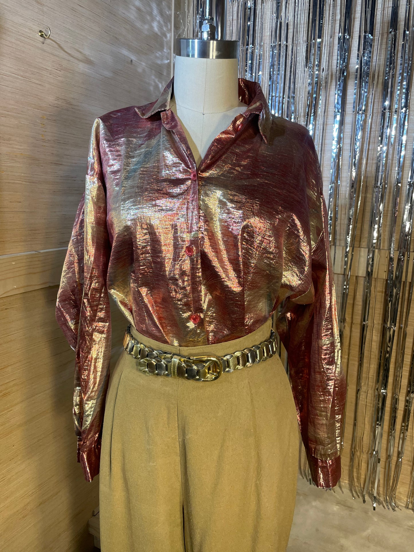 1980s Peach Gold Metallic Nylon Blouse