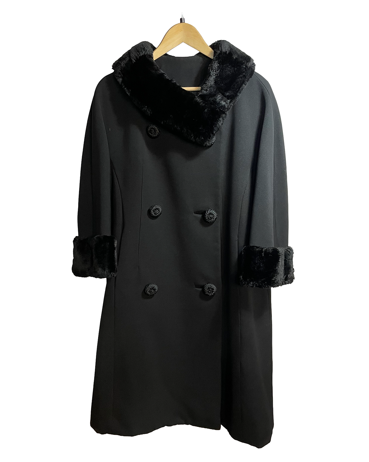 1960s Black Mouton Fur Trim Double-Breasted Swing Coat
