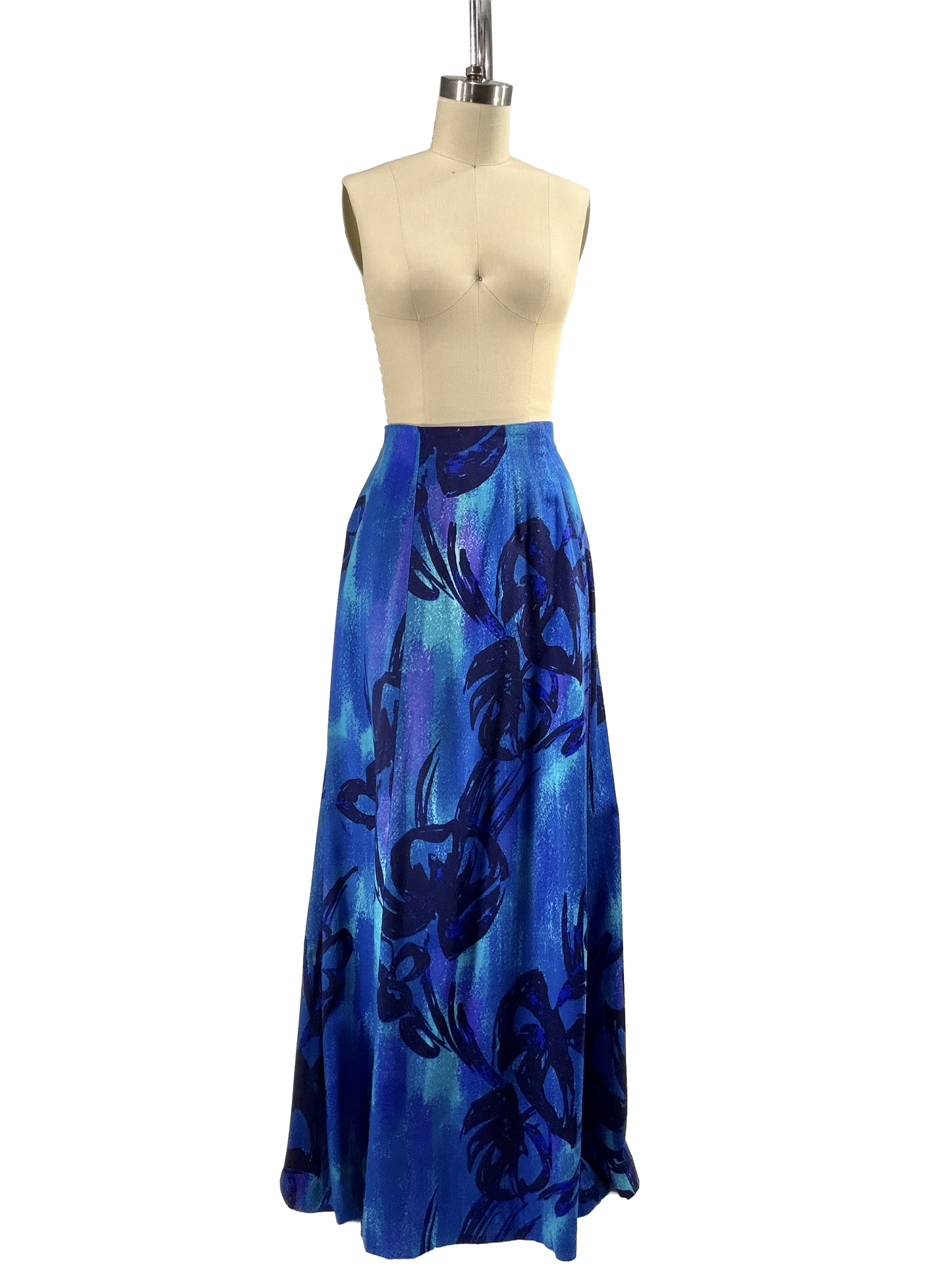 1970s Blue Purple Hawaiian Barkcloth Maxi Skirt Halter Top Set