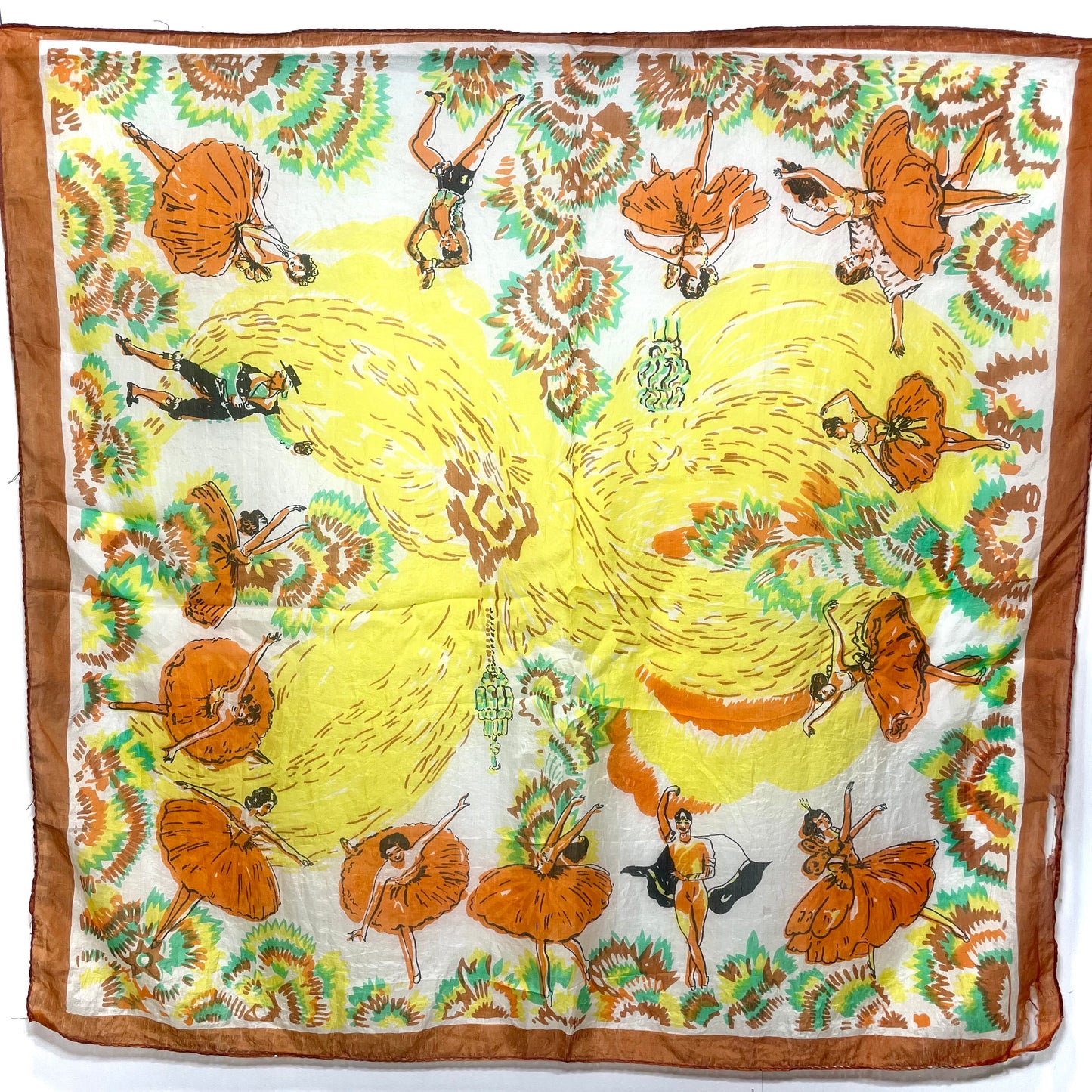 1940s French Ballet Orange Yellow Lightweight Silk Scarf