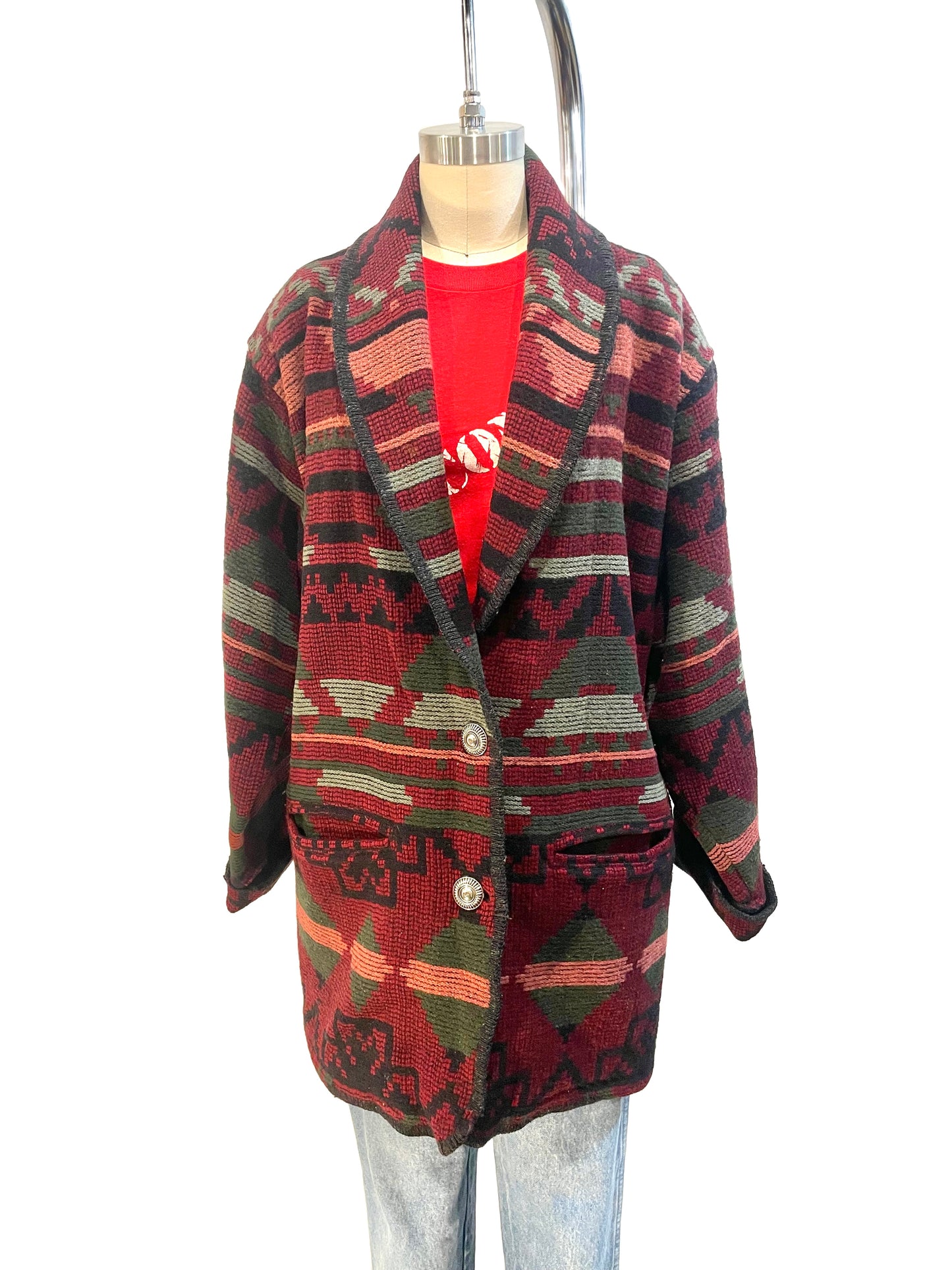 1990s Maroon Deep Tones Blanket Wool Shawl Collar Coat