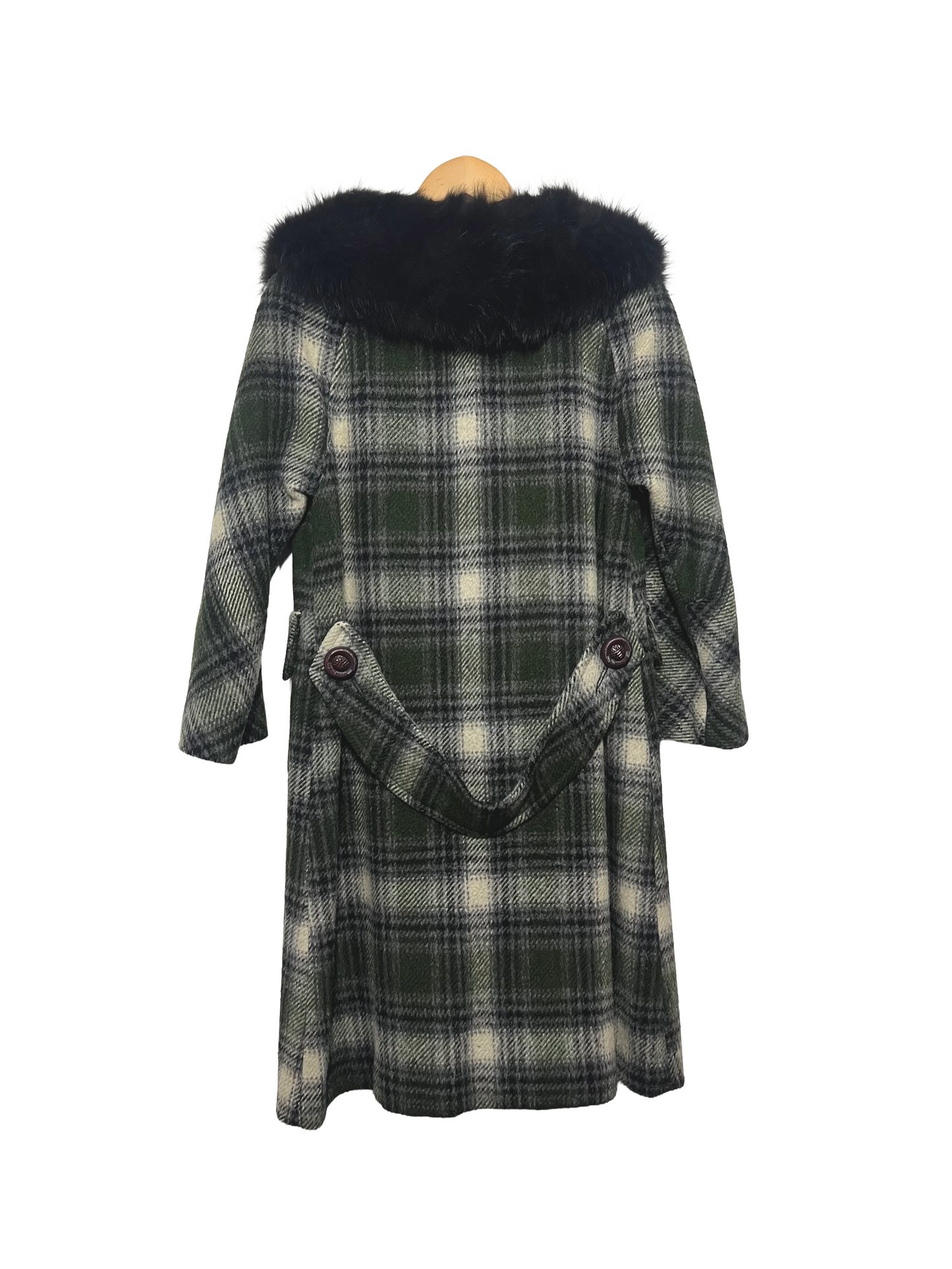 1950s Olive Black Cream Plaid Wool Rabbit Fur Collar Coat