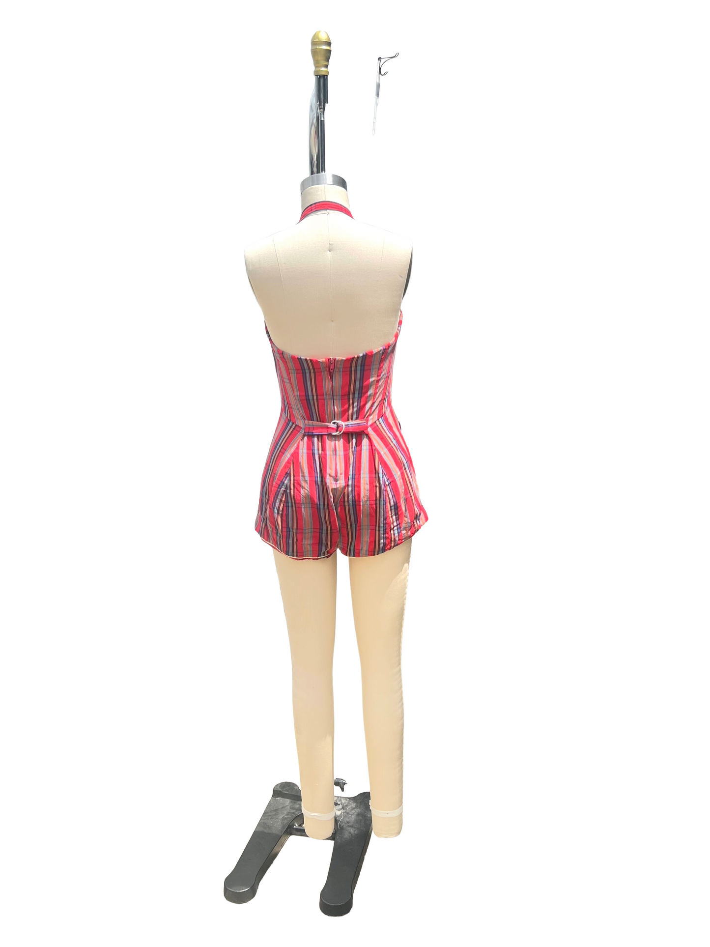1950s Red Madras Catalina Halter Strap Zip Back Swimsuit