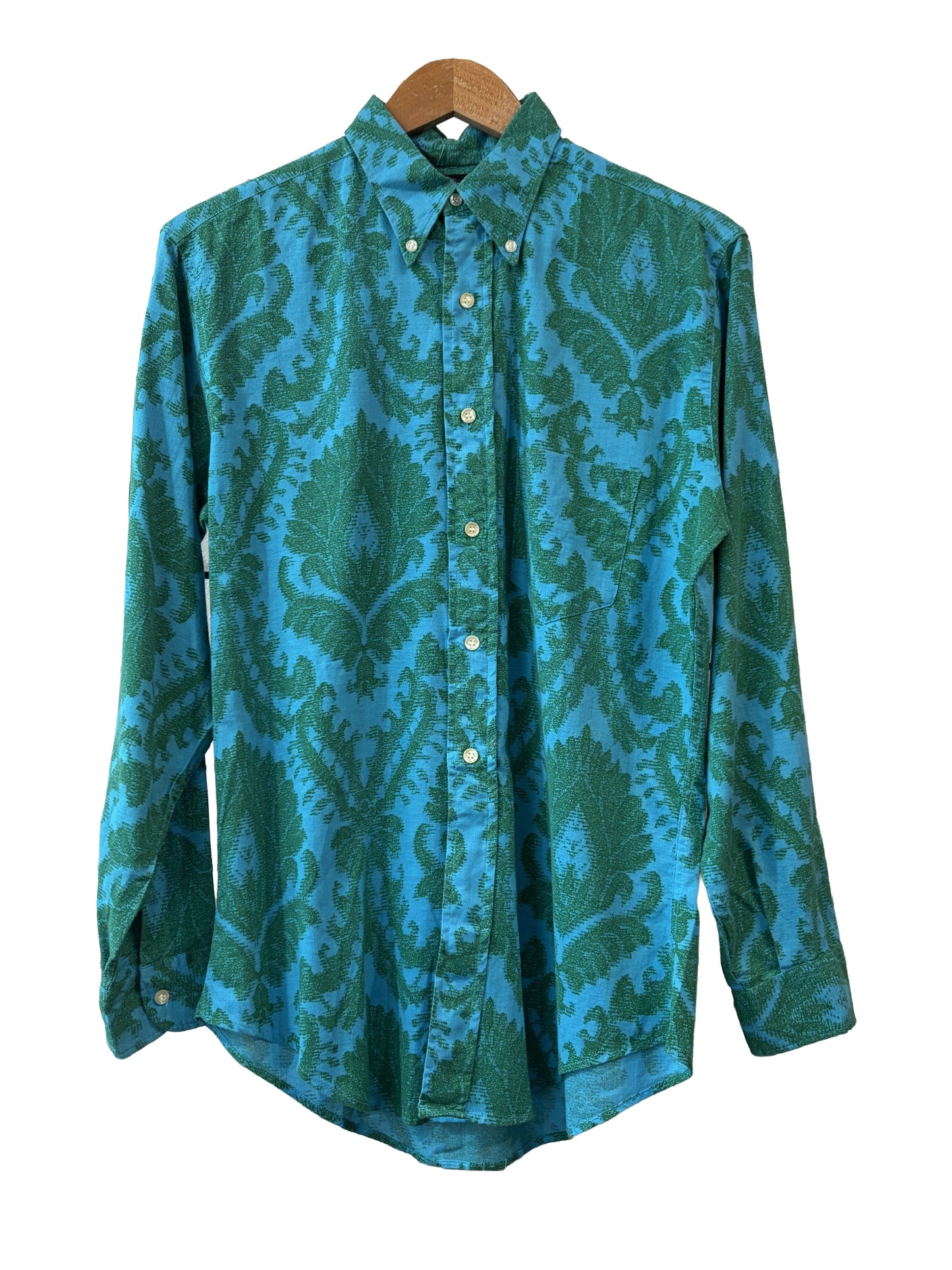 1970s Blue Green Brocade Print Cotton Towncraft Shirt