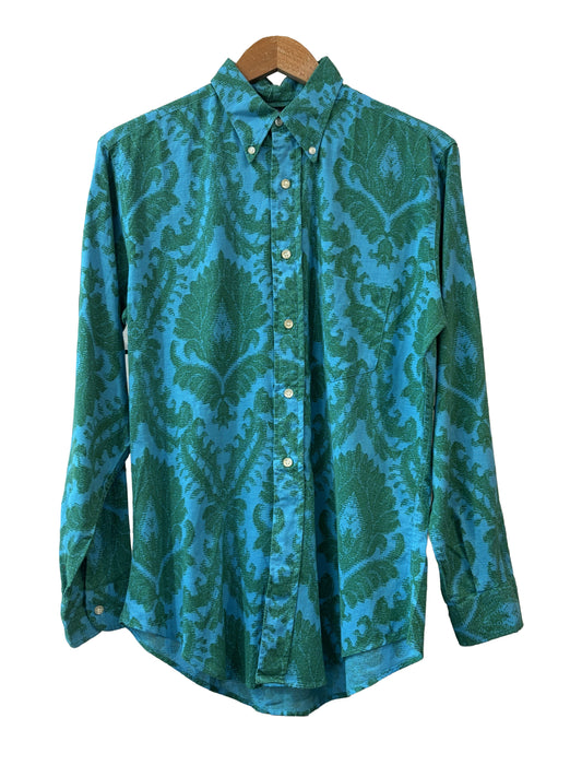 1970s Blue Green Brocade Print Cotton Towncraft Shirt