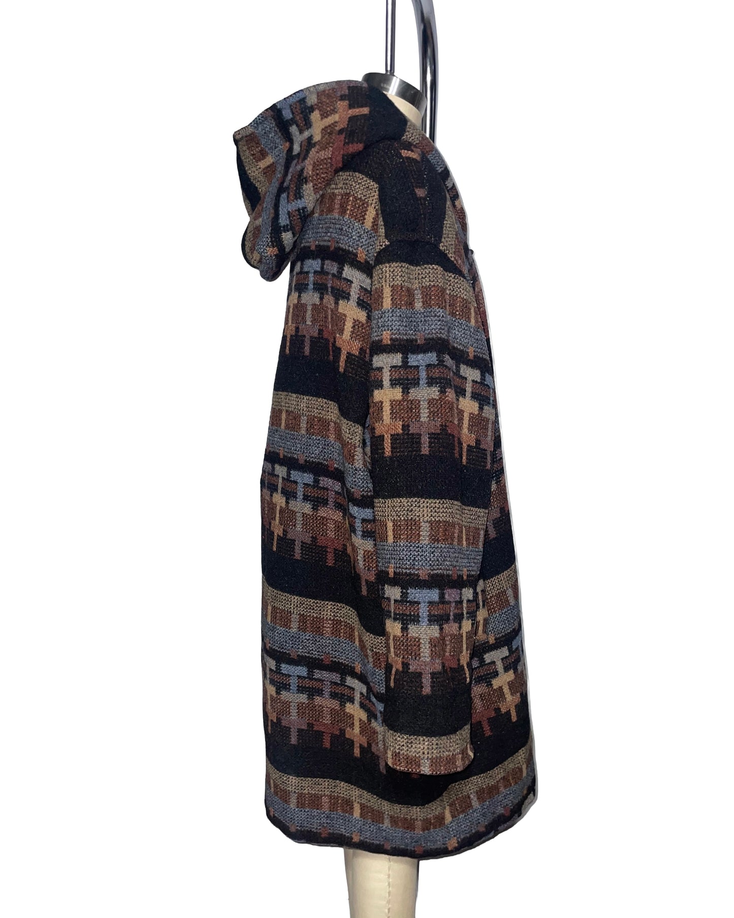 1980s Brown, Blue and Black Wool M Lyman Co. Hooded Toogle Coat