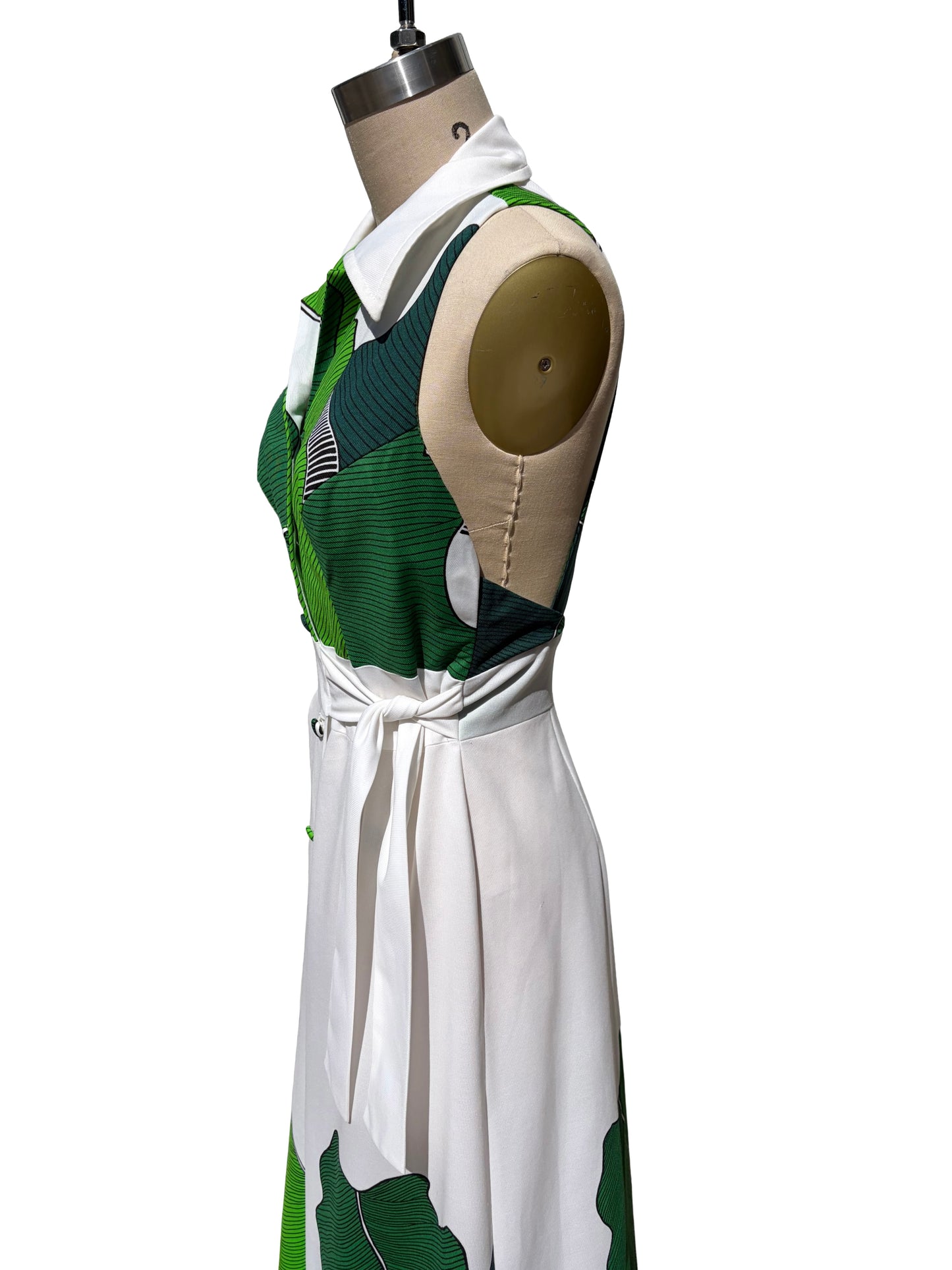 1970s White Green Tonal Abstract Leaf Print Open Back Maxi Swim Dress