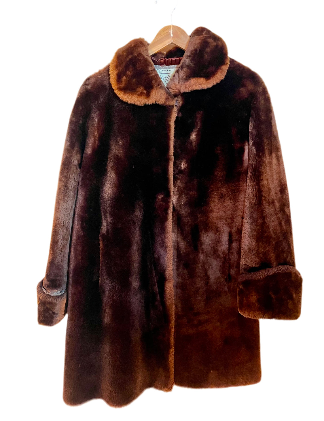 1940s-50s Brown Plush Mouton Lamb Fur Evening Coat