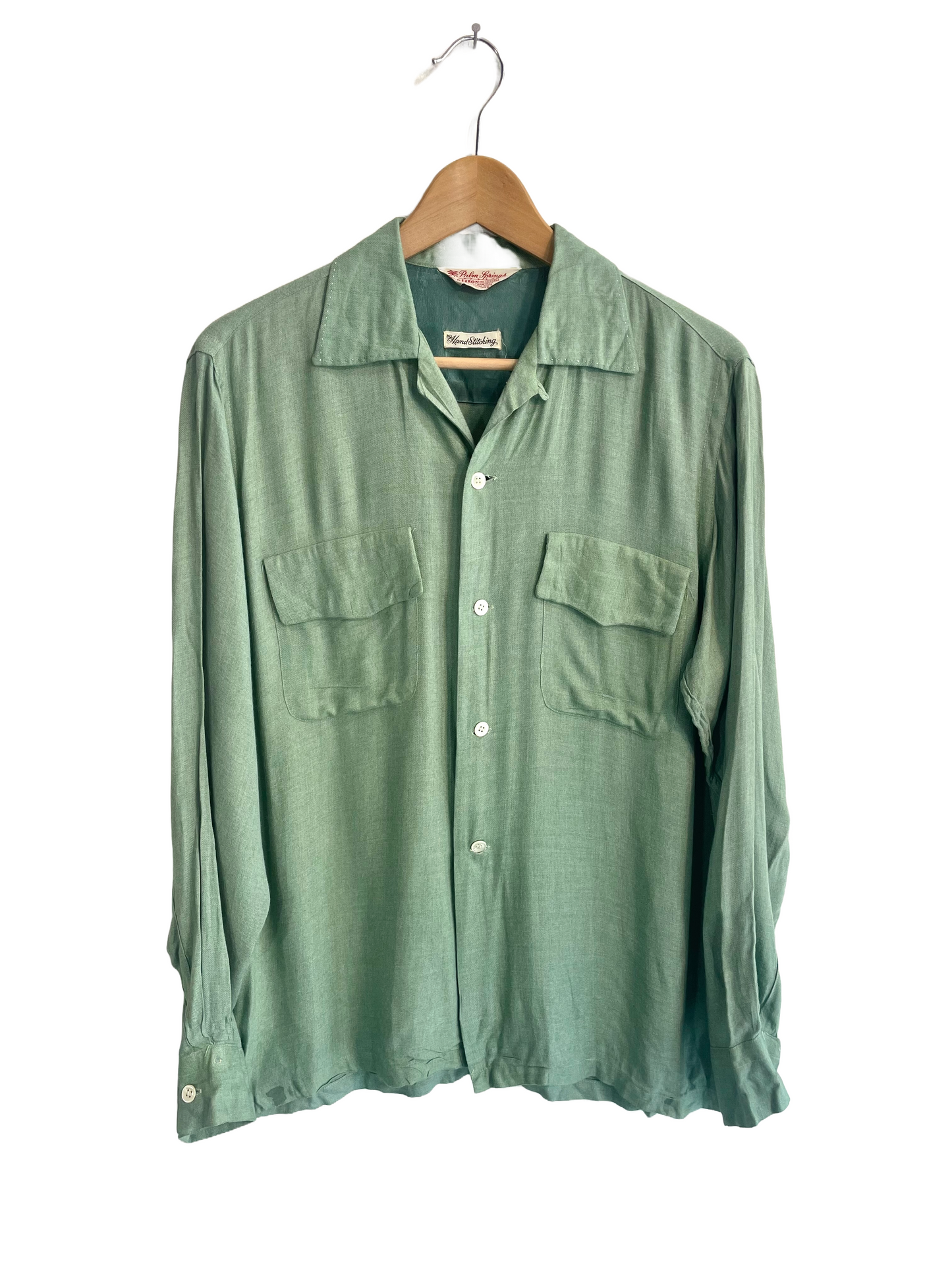 1950s XL Moss Green Gabardine Rayon Satin-Yoke Loop Collar Shirt