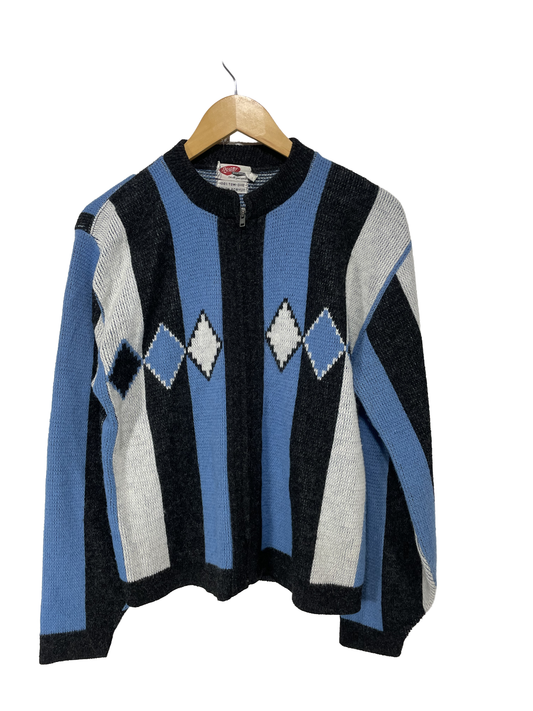 1960s Grey White Blue Diamonds Stripes Zip Front Acrylic Men’s Cardigan / Size M