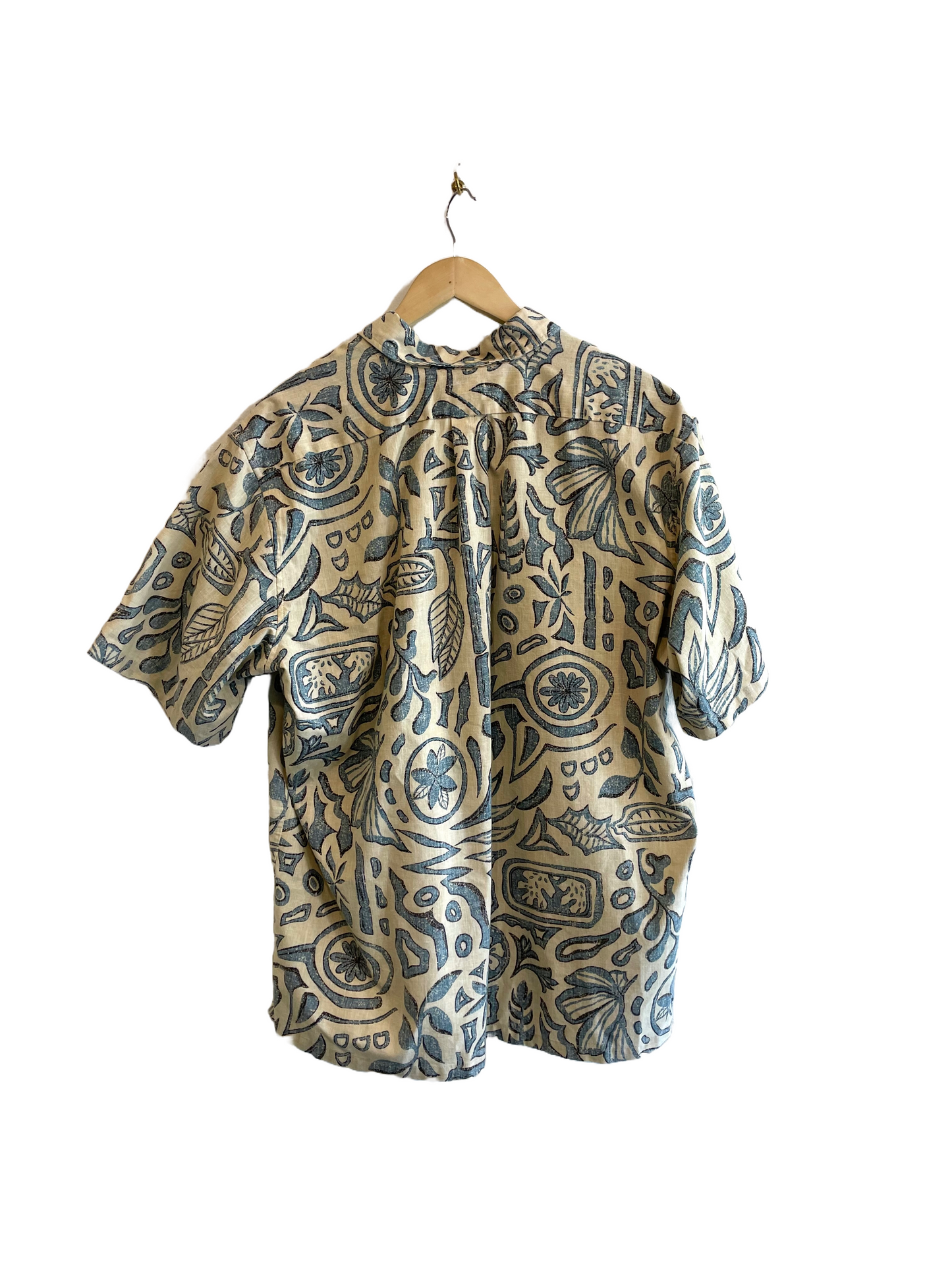 1990s Almond Cadet Blue Black Reverse Print Reyn Spooner Popover Hawaiian Shirt