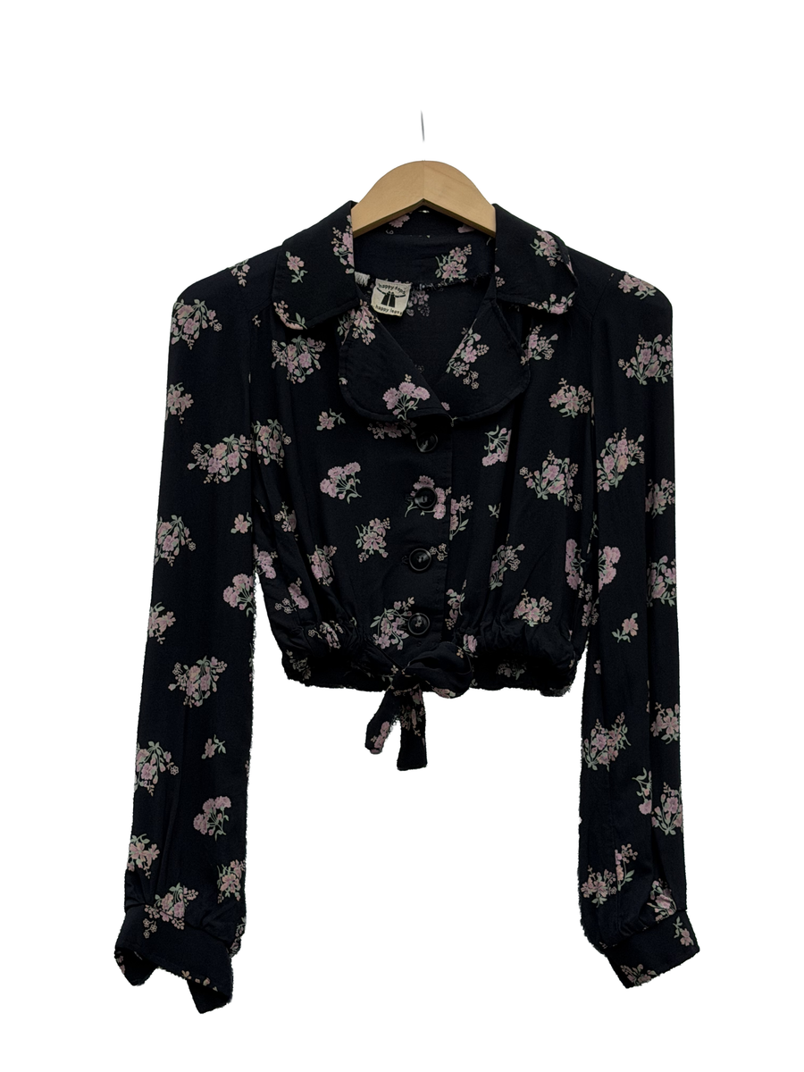 1970s Black Romantic Floral Cropped Cotton Blouse