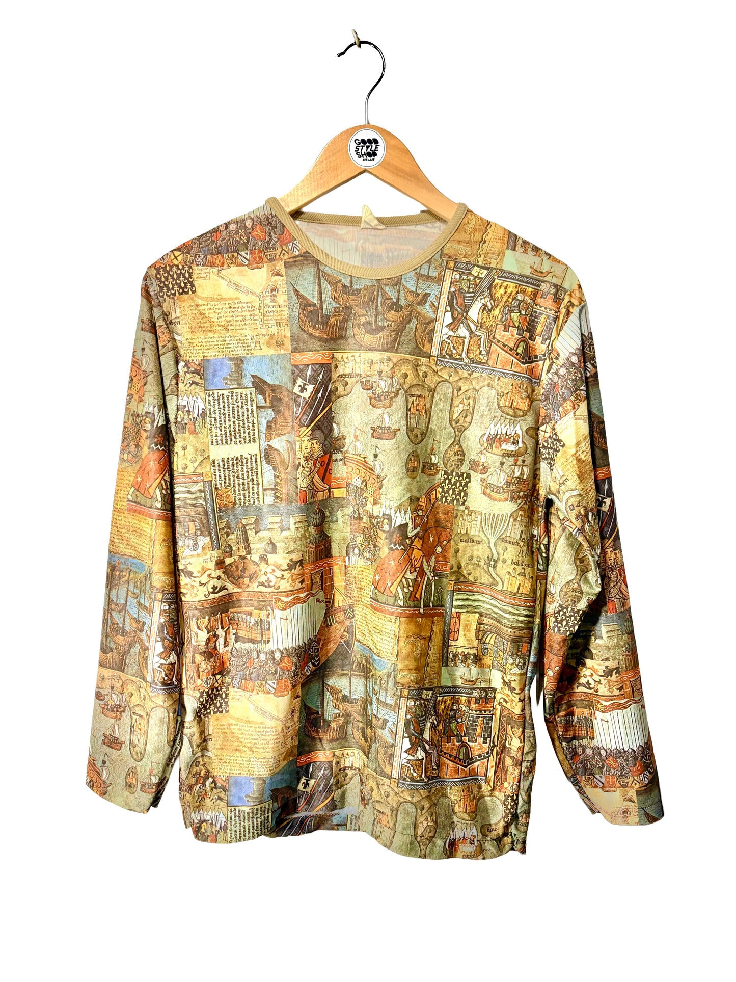 1970s Medieval Print Long Sleeve Nylon Jersey Shirt