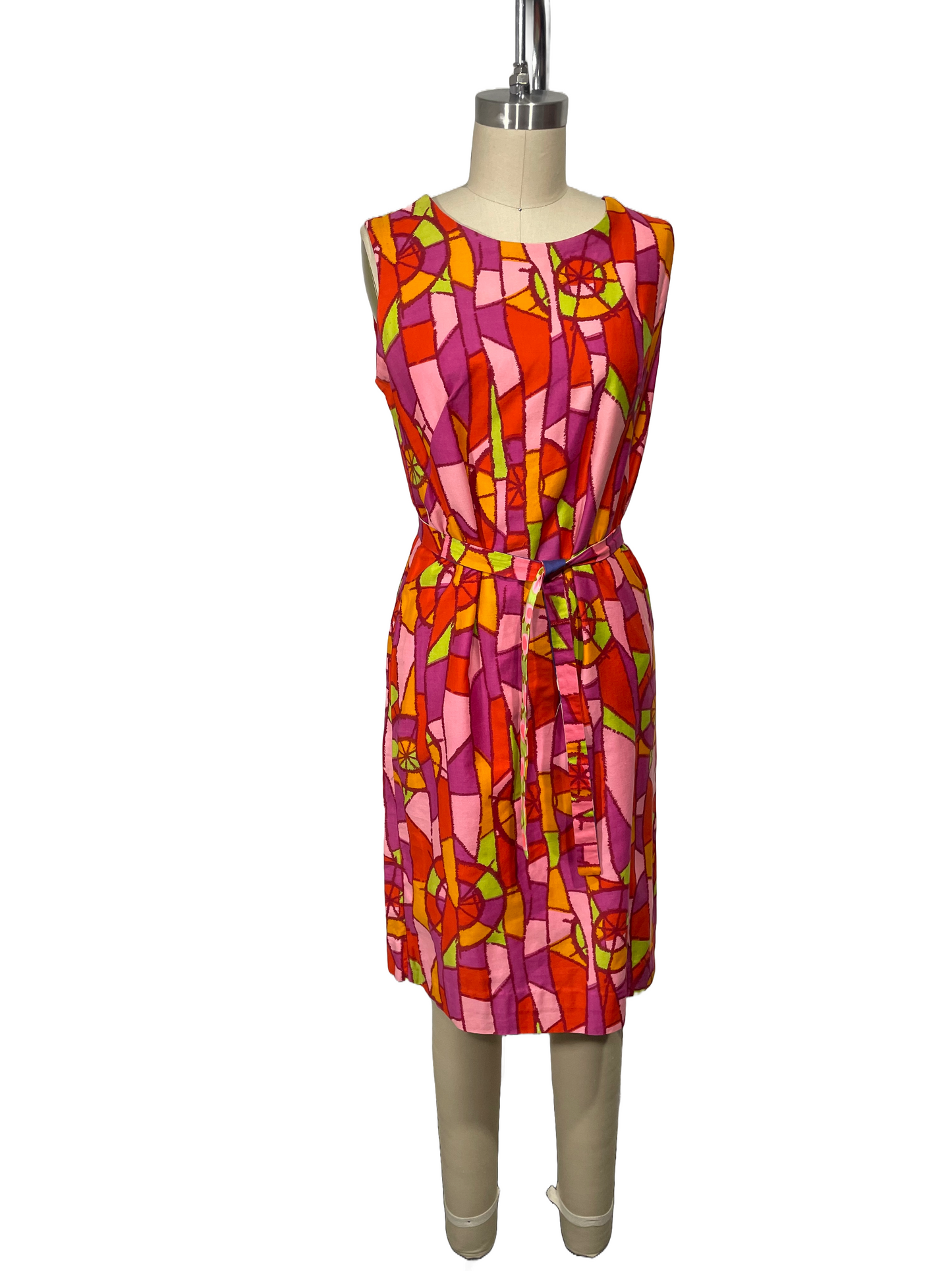 1960s Red Pink Stained Glass Cotton Sateen Shift Dress