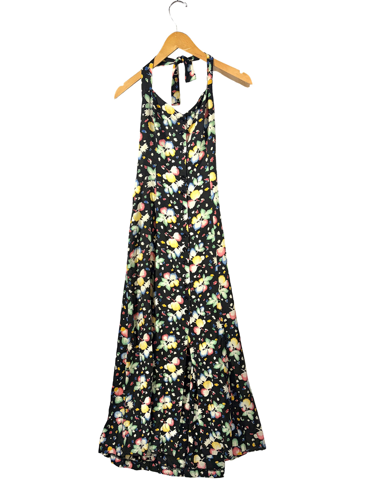 1980s Black Confetti Floral Halter Rayon Dress