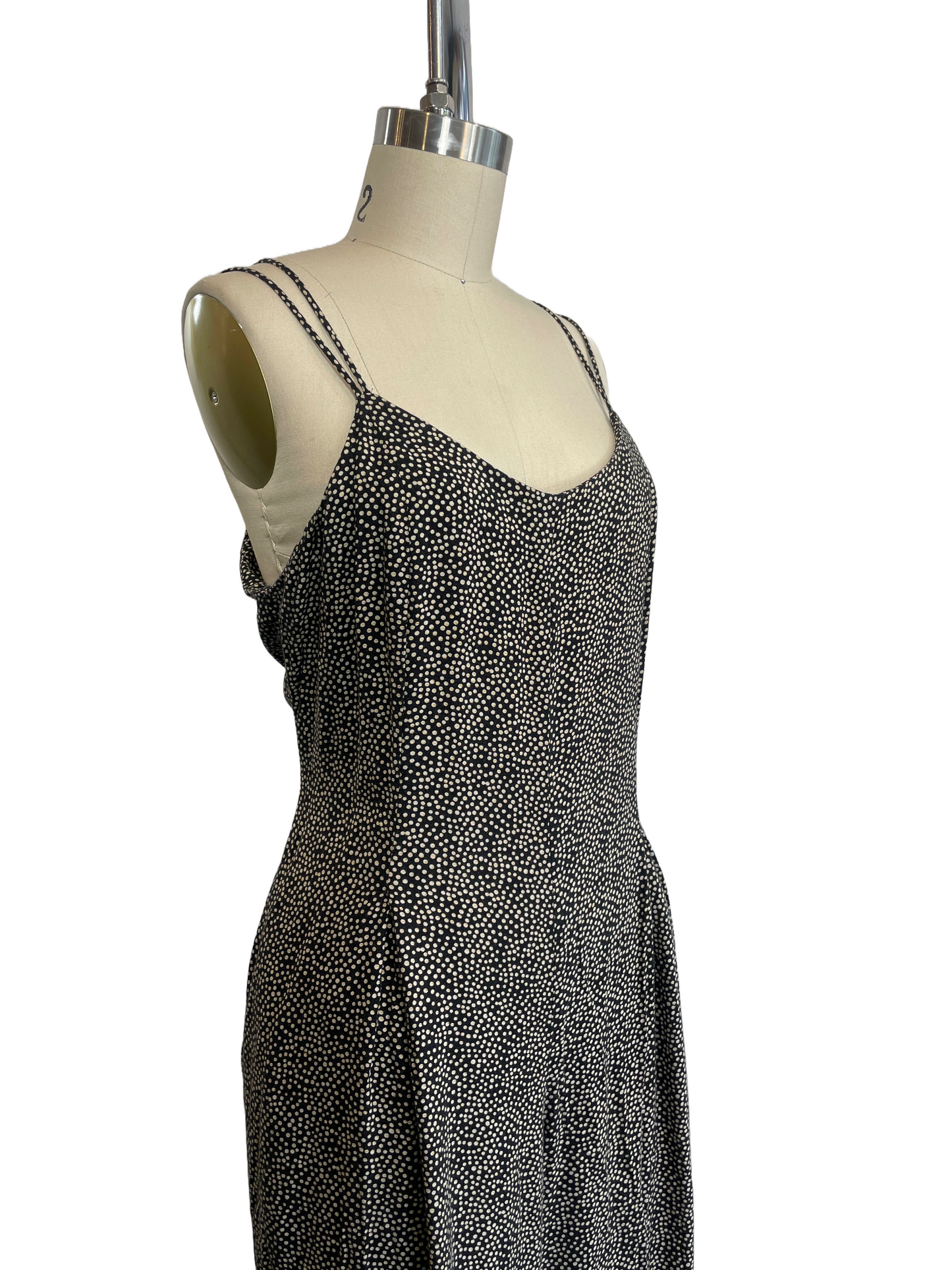 1980s Black Tan Dotted Rayon Jumpsuit