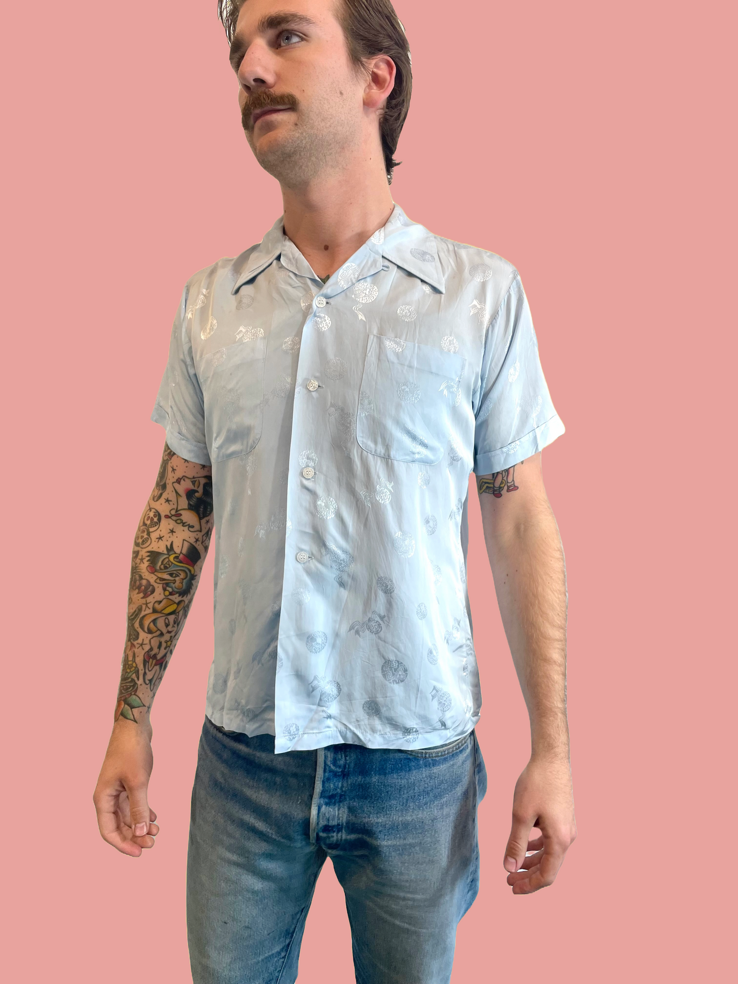1960s Light Blue Flocked Rayon Chinese Import Loop Collar PJ Shirt
