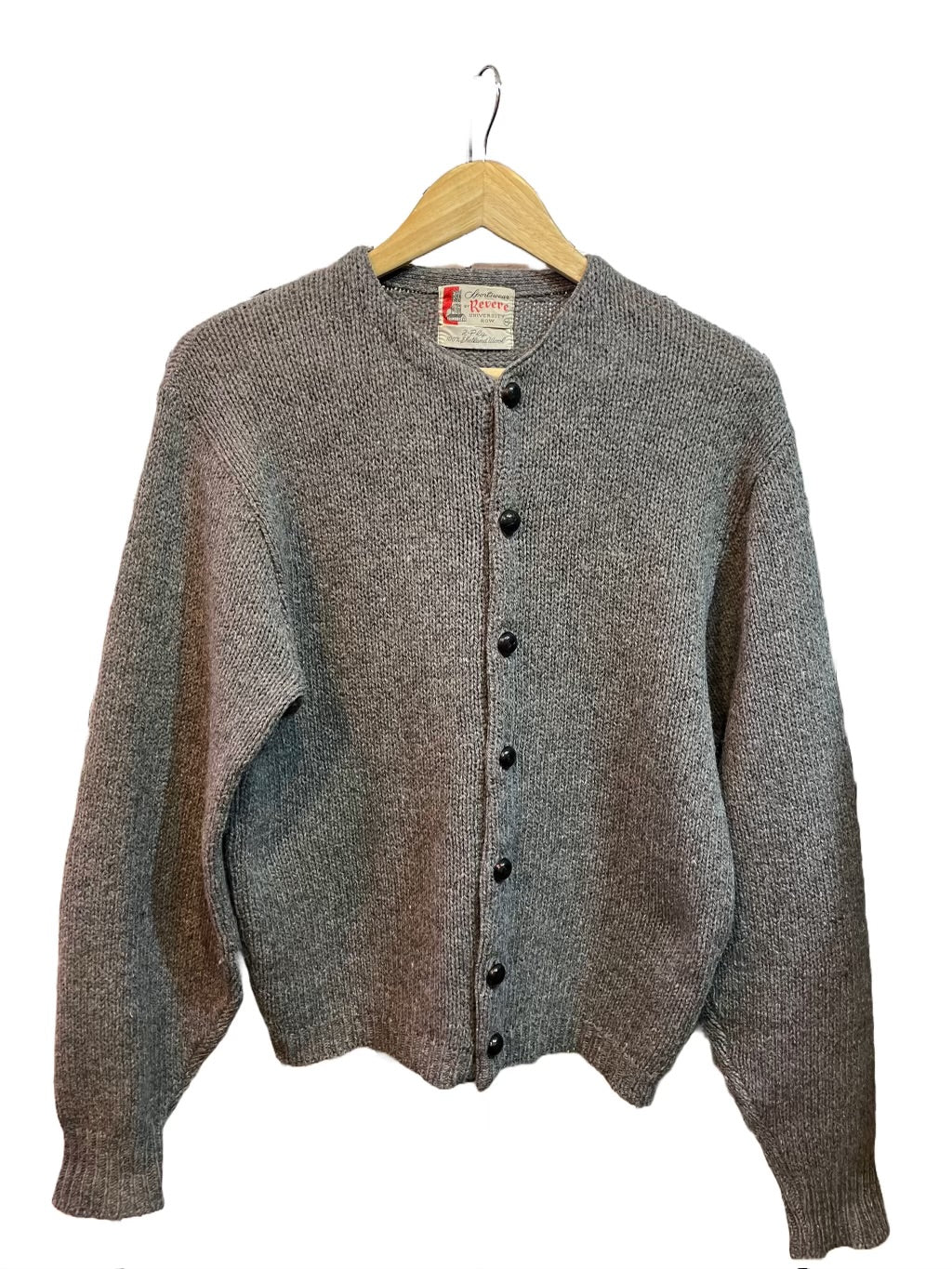 1960s Grey Shetland Wool Black Button Crew Cardigan