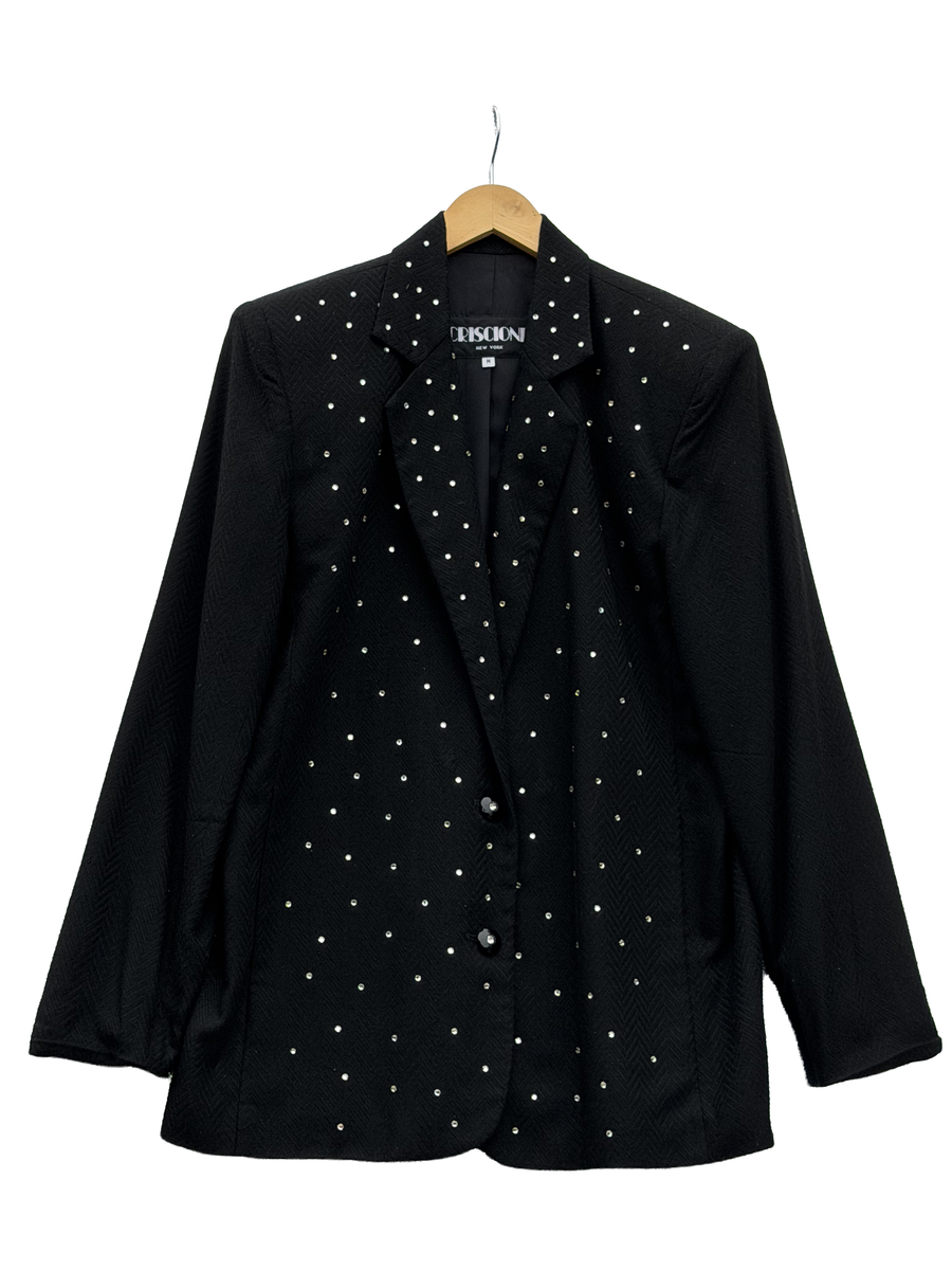 1980s Black Rhinestone-Studded Notch Lapel Blazer