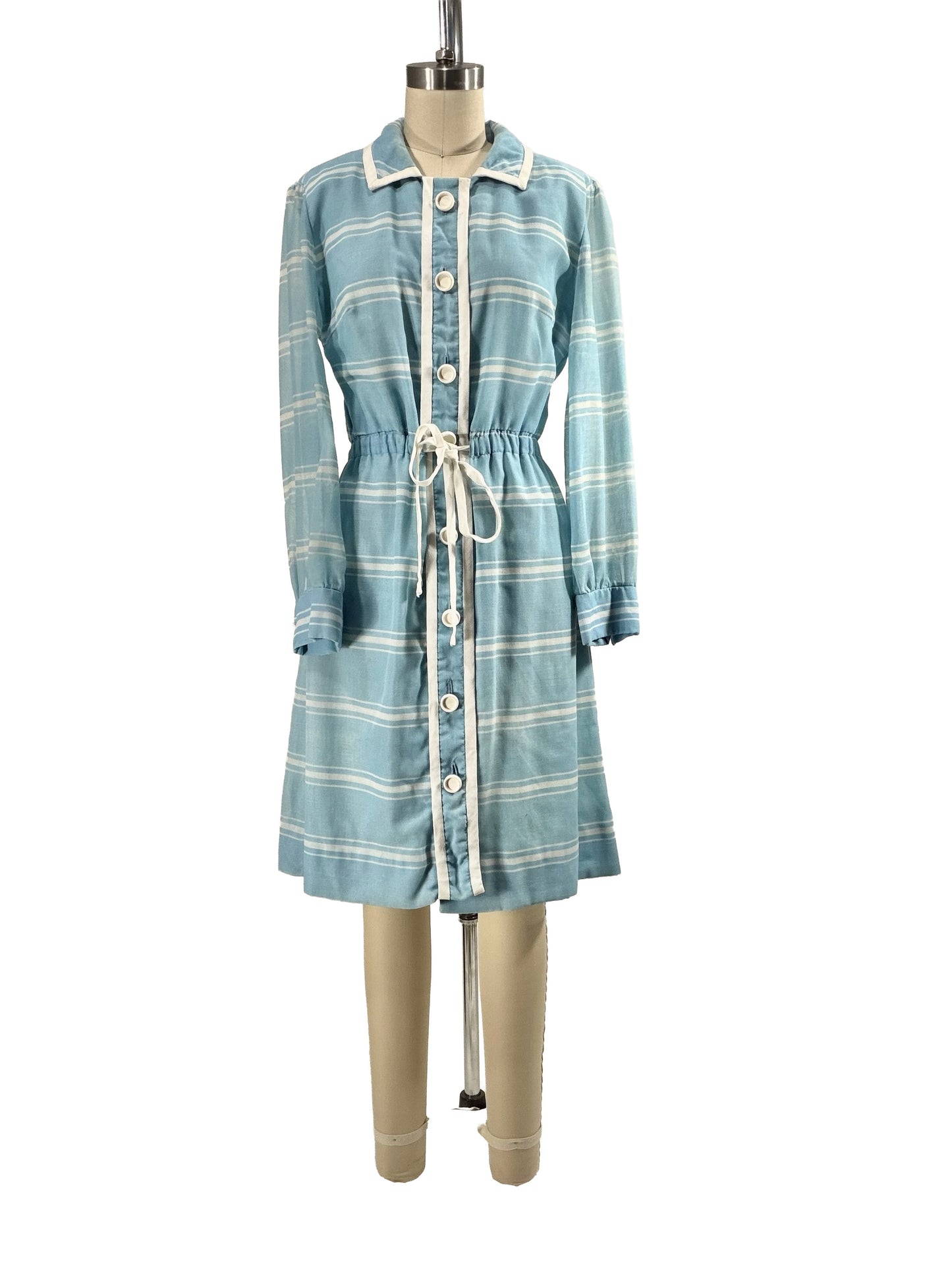 1970s Baby Blue White Striped 'Leslie Fay' Dress