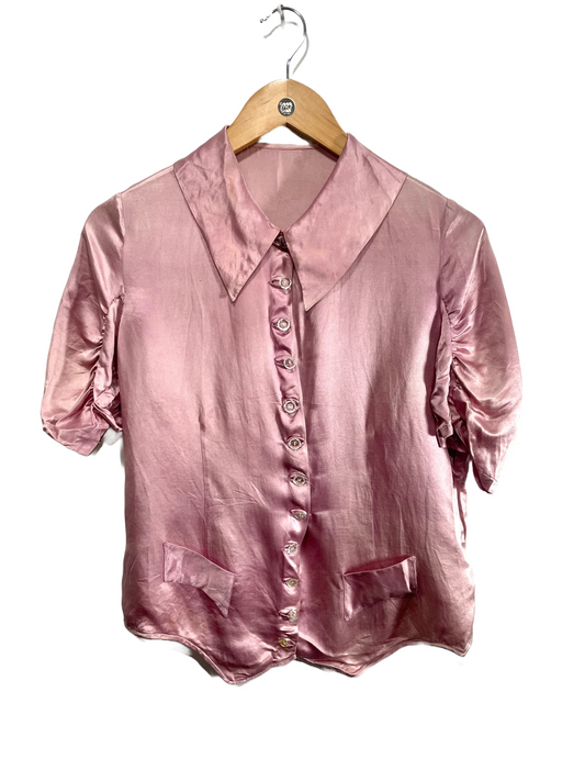 1940s Princess Mauve Silk Satin Crystalline Button Blouse
