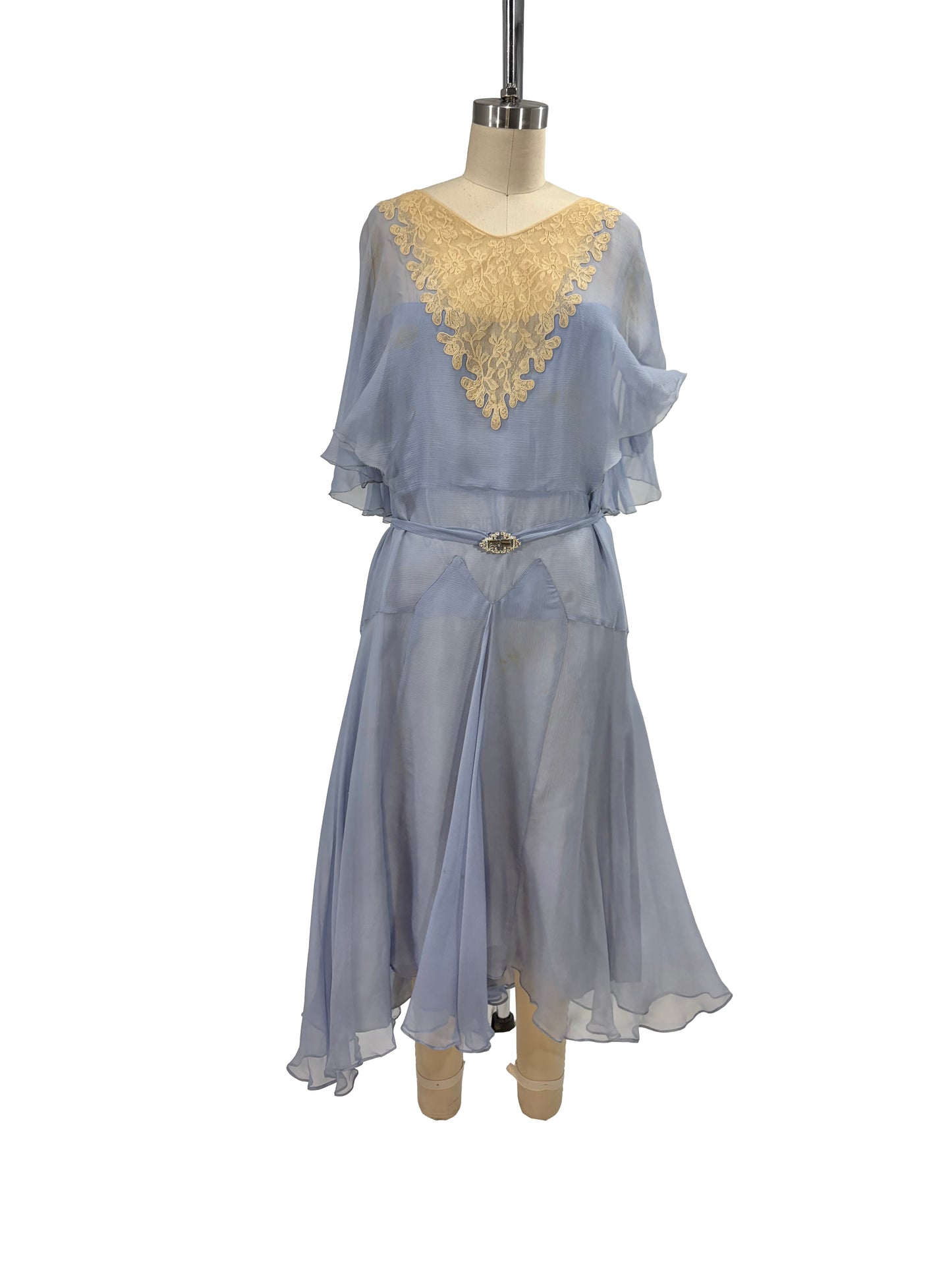 1930s Pale Blue Silk Chiffon Lace Deco Rhinestone Belt Formal Dress