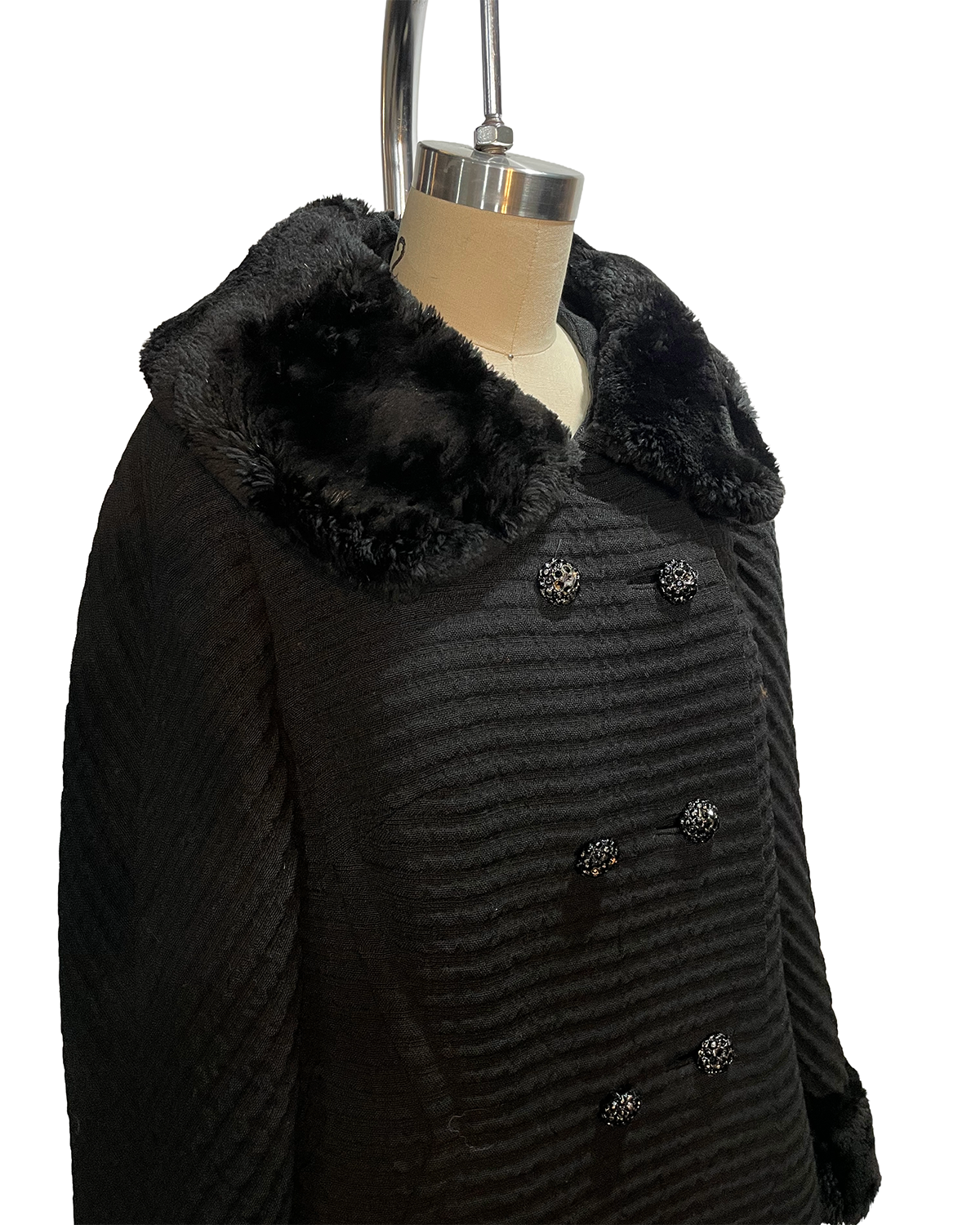 1960s Black Wool Fur Trim Tailored Coat