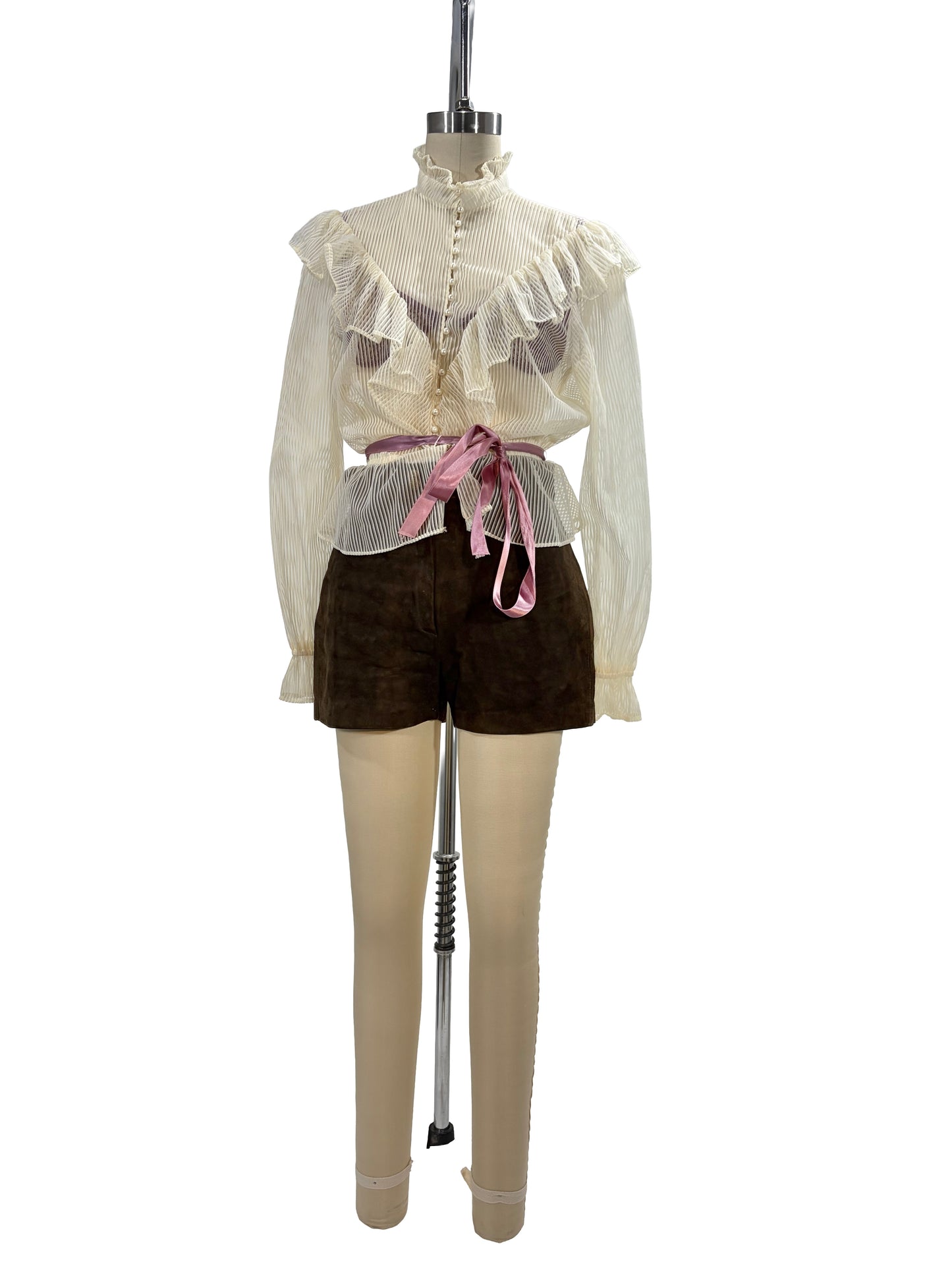 1970s Sheer Stripe Peplum Pearl Ruffle Button Blouse