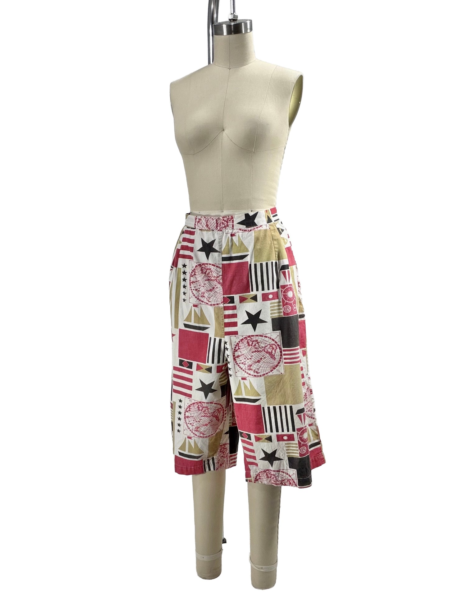 1950s Red White Black Tan Nautical Print Repair Work Cotton Playsuit