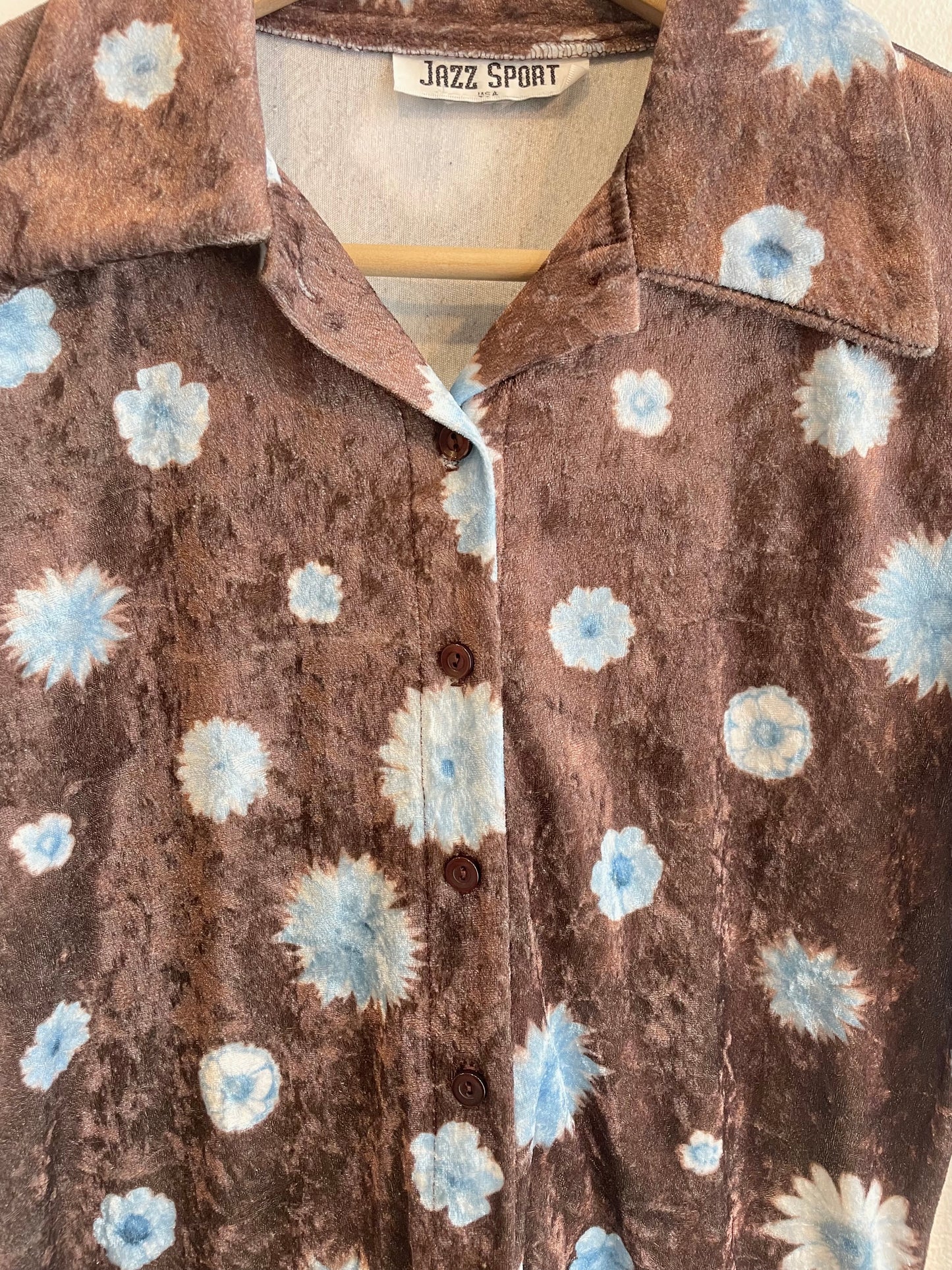 1990s Brown Blue Posey Print Velour Crop Blouse
