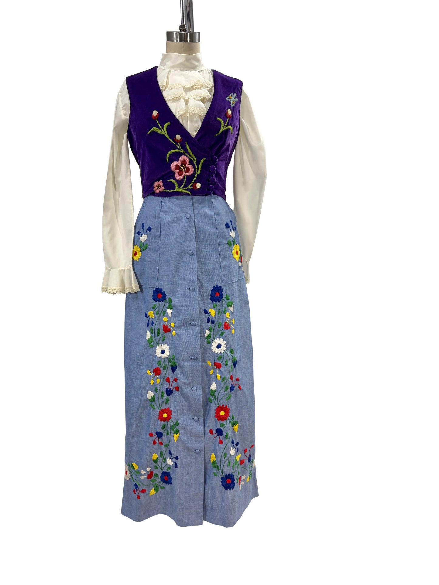 1970s Royal Purple Velvet Embroidered Asymmetrical Bodice