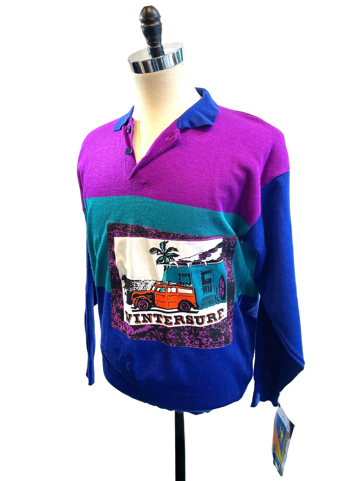 1980s Aqua Blue Hot Pink Navy Colorblocked OP 'Winter Surf' Acrylic Sweater