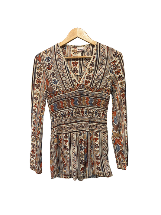 1970s Earthtones Ikat Print ‘Spare Parts’ Smocked Cotton Tunic