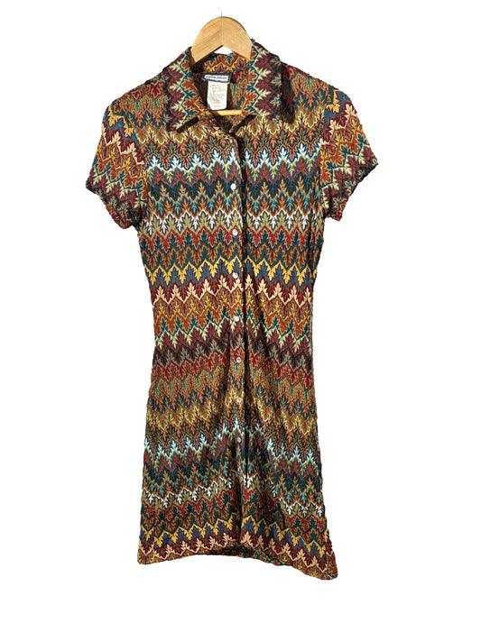 1990s Multicolor ’Aqua Blues’ Chevron Snap Mini Dress