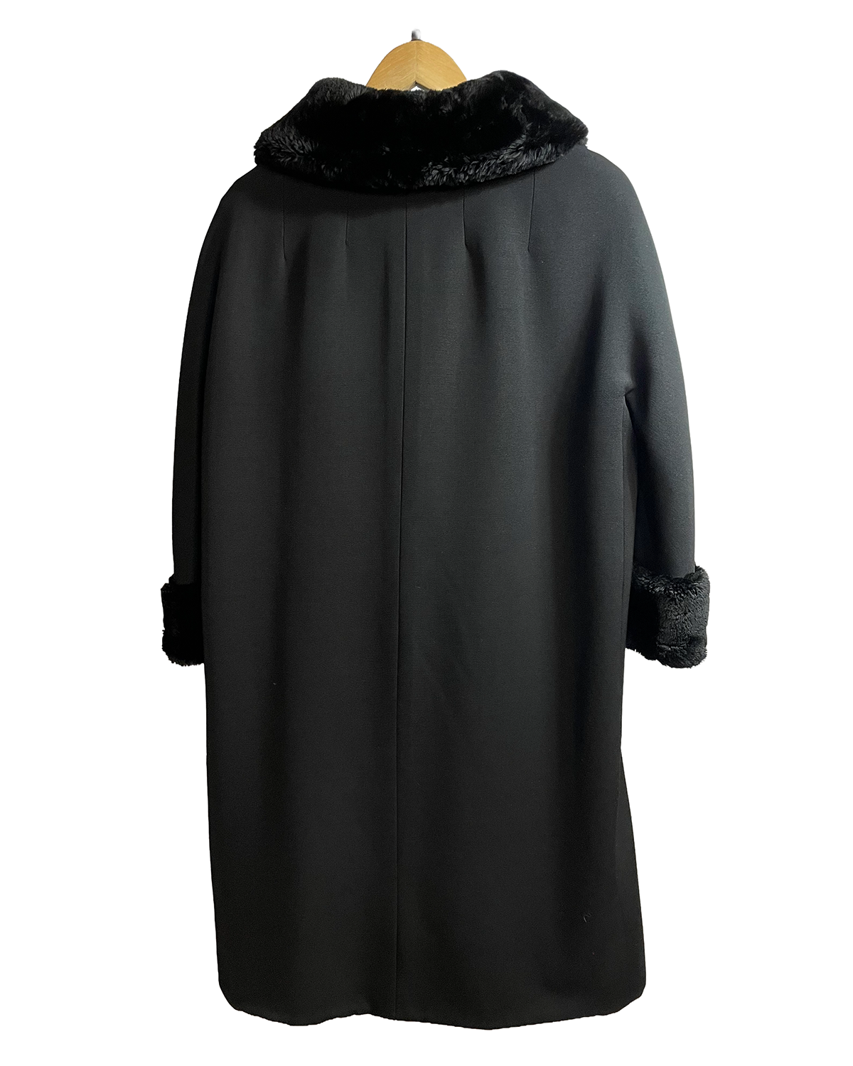 1960s Black Mouton Fur Trim Double-Breasted Swing Coat