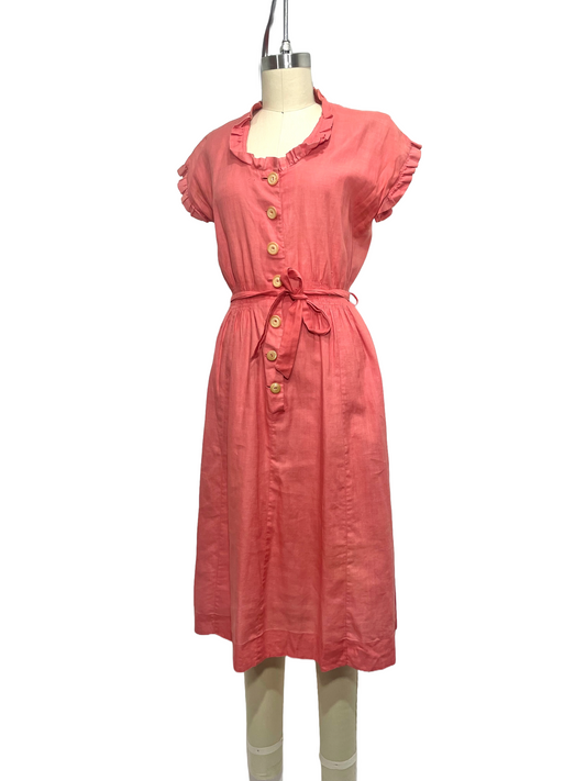 1930s Coral Linen Ruffle Belted Frock Summer Dress