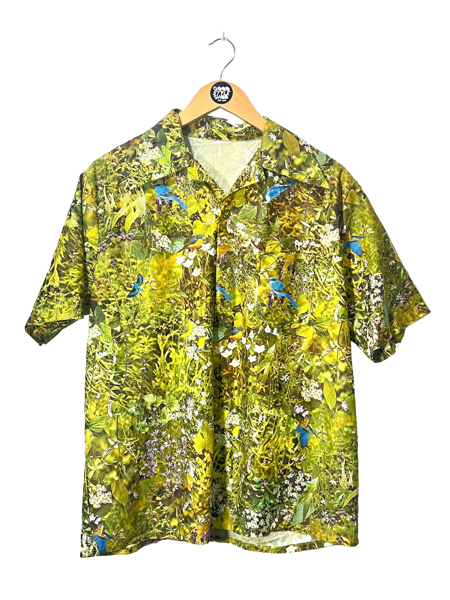 1970s Nature Photoreal Print Short Sleeve Button Up Shirt