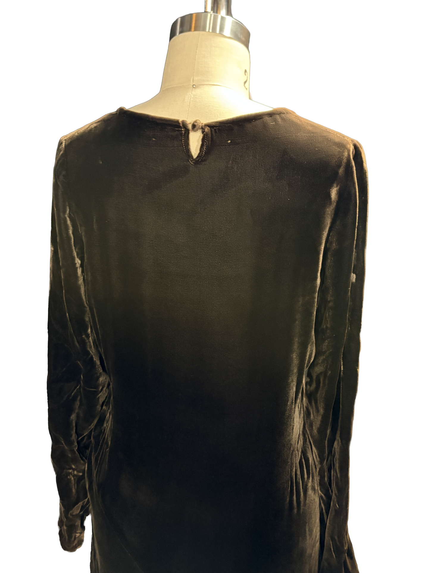 1920s Brown Silk Velvet Bias-Cut Embroidered Scoop Neck Evening Dress