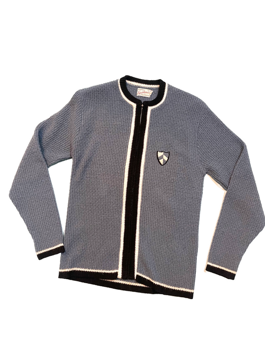 1960s Blue Black White Knit Shield Crest Lambswool Zip Front Cardigan